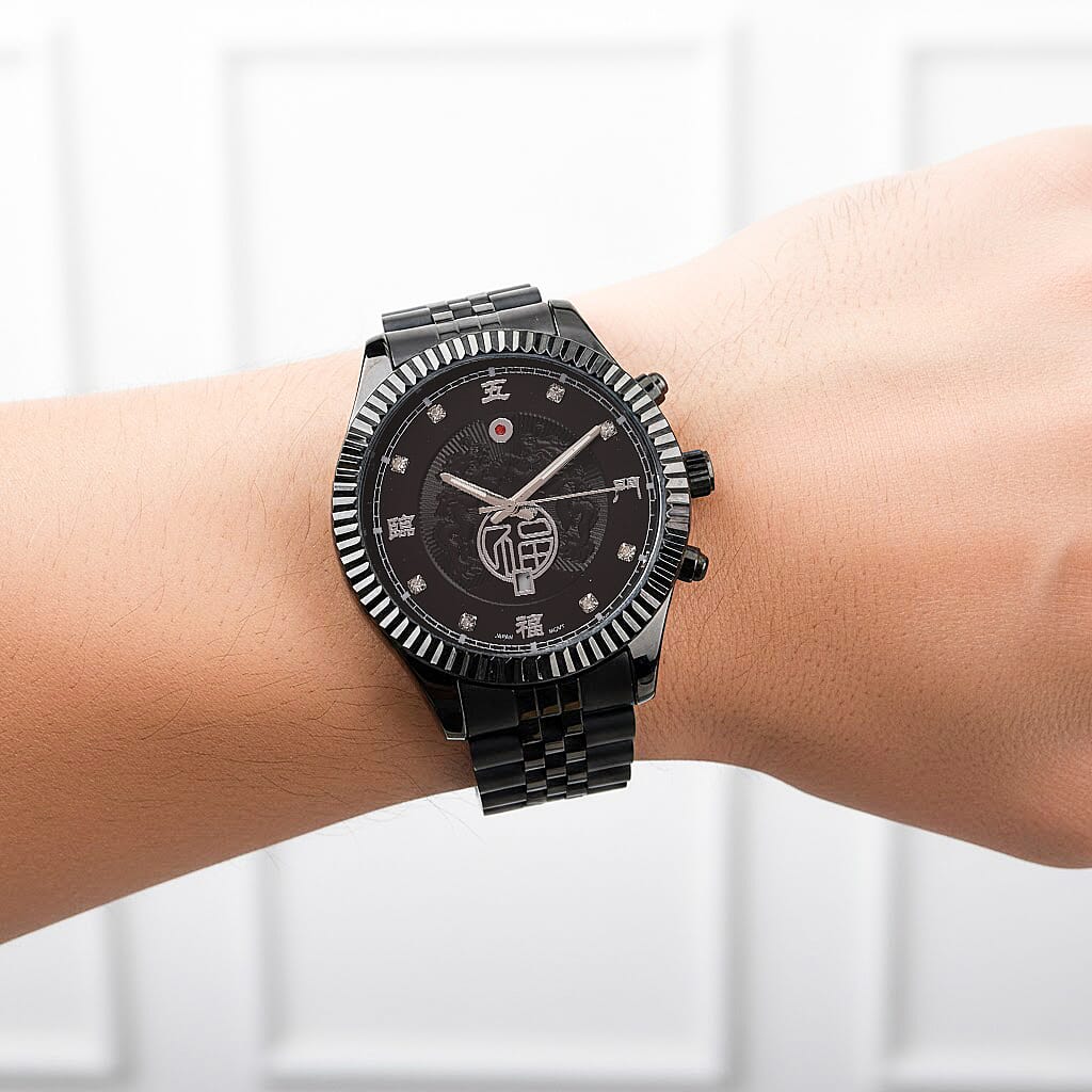 GENOA TIME V2 Miyota 2115 Quartz 3ATM WR Dragon Pattern & Crystal Dial & Black Case Mens Watch with Black Stainless Steel Strap