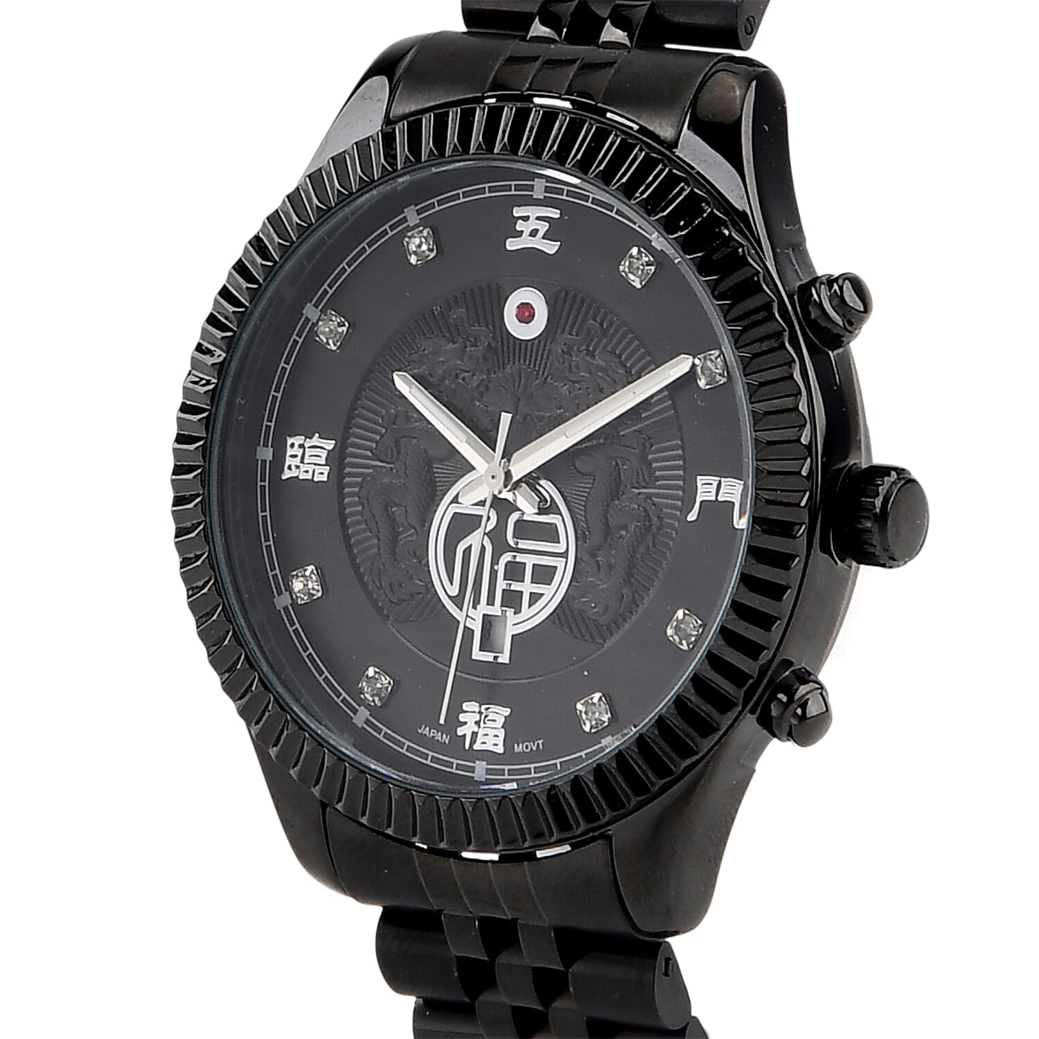 GENOA TIME V2 Miyota 2115 Quartz 3ATM WR Dragon Pattern & Crystal Dial & Black Case Mens Watch with Black Stainless Steel Strap