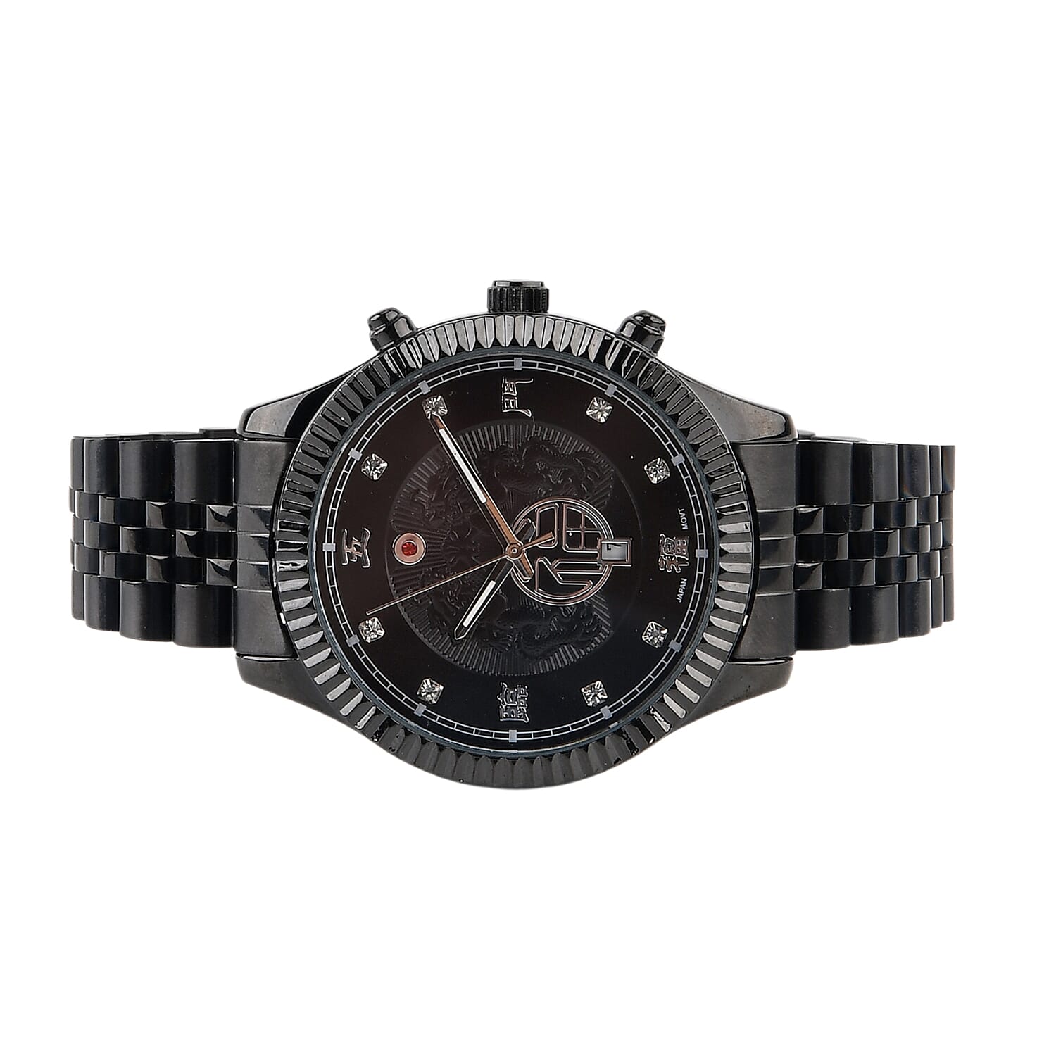 GENOA TIME V2 Miyota 2115 Quartz 3ATM WR Dragon Pattern & Crystal Dial & Black Case Mens Watch with Black Stainless Steel Strap