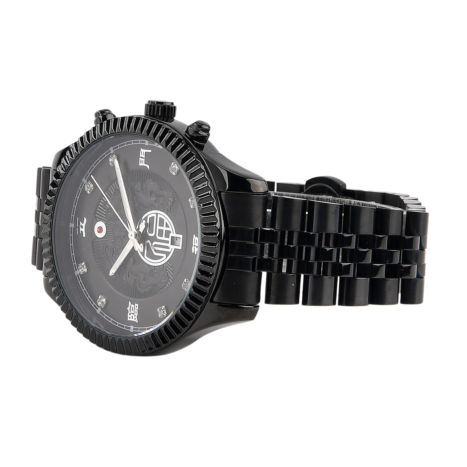 GENOA TIME V2 Miyota 2115 Quartz 3ATM WR Dragon Pattern & Crystal Dial & Black Case Mens Watch with Black Stainless Steel Strap