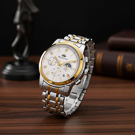 MAJESTY ELITE EDITION - MAJESTY Multifunctional Quartz LD53 WR White Day and night Dial Indicator - Two-Tone Case Mens Watch with Two-Tone Stainless Steel Strap