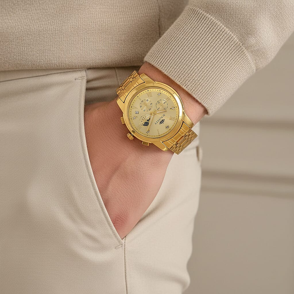 MAJESTY ELITE EDITION - MAJESTY Multifunctional Quartz LD53 WR Gold Day and night Dial - Gold Case Mens Watch with Gold Stainless Steel Strap