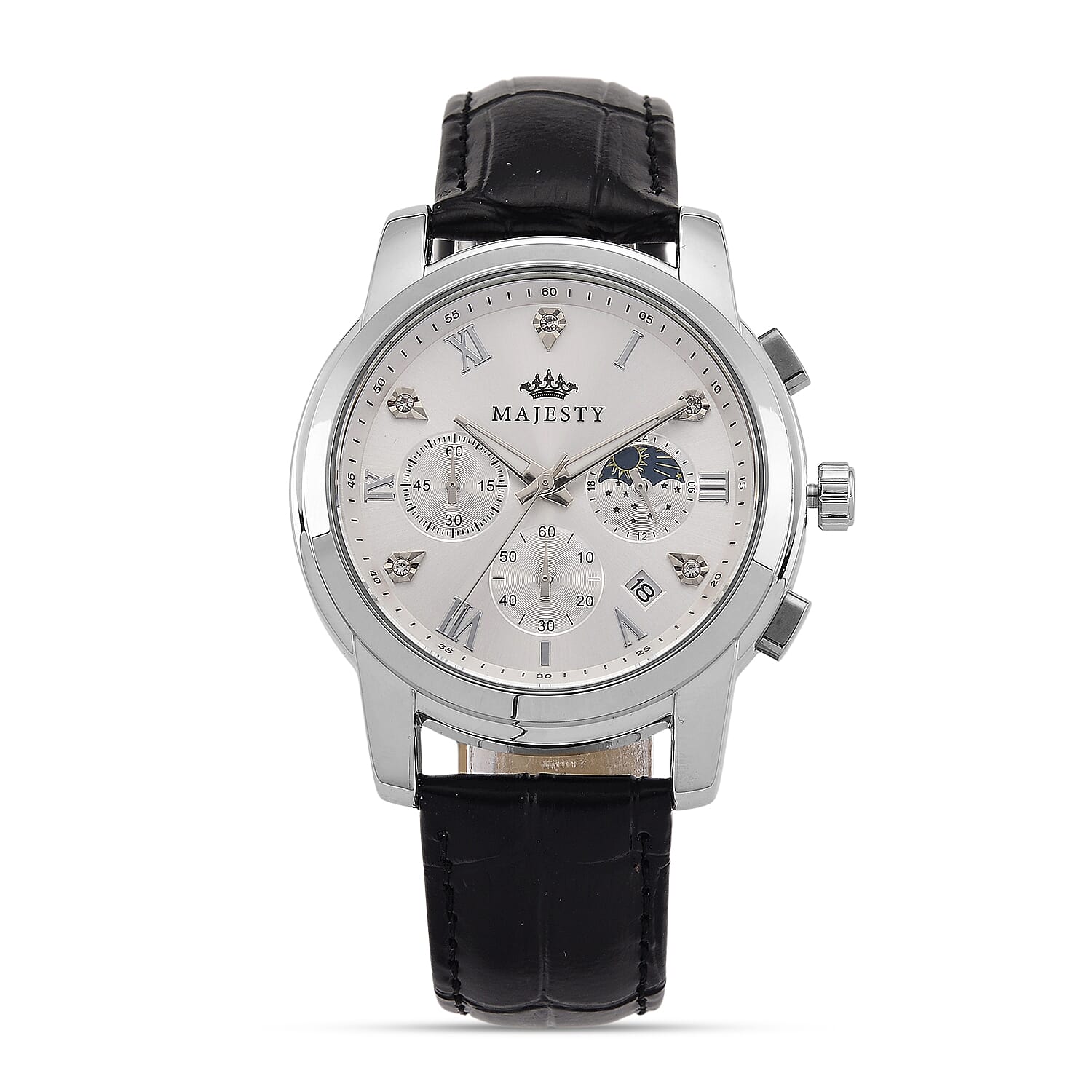 MAJESTY ELITE EDITION - Multifunctional Quartz Movement LD53 WR Day and night Dial - Silver Case Mens Watch with Leather Strap