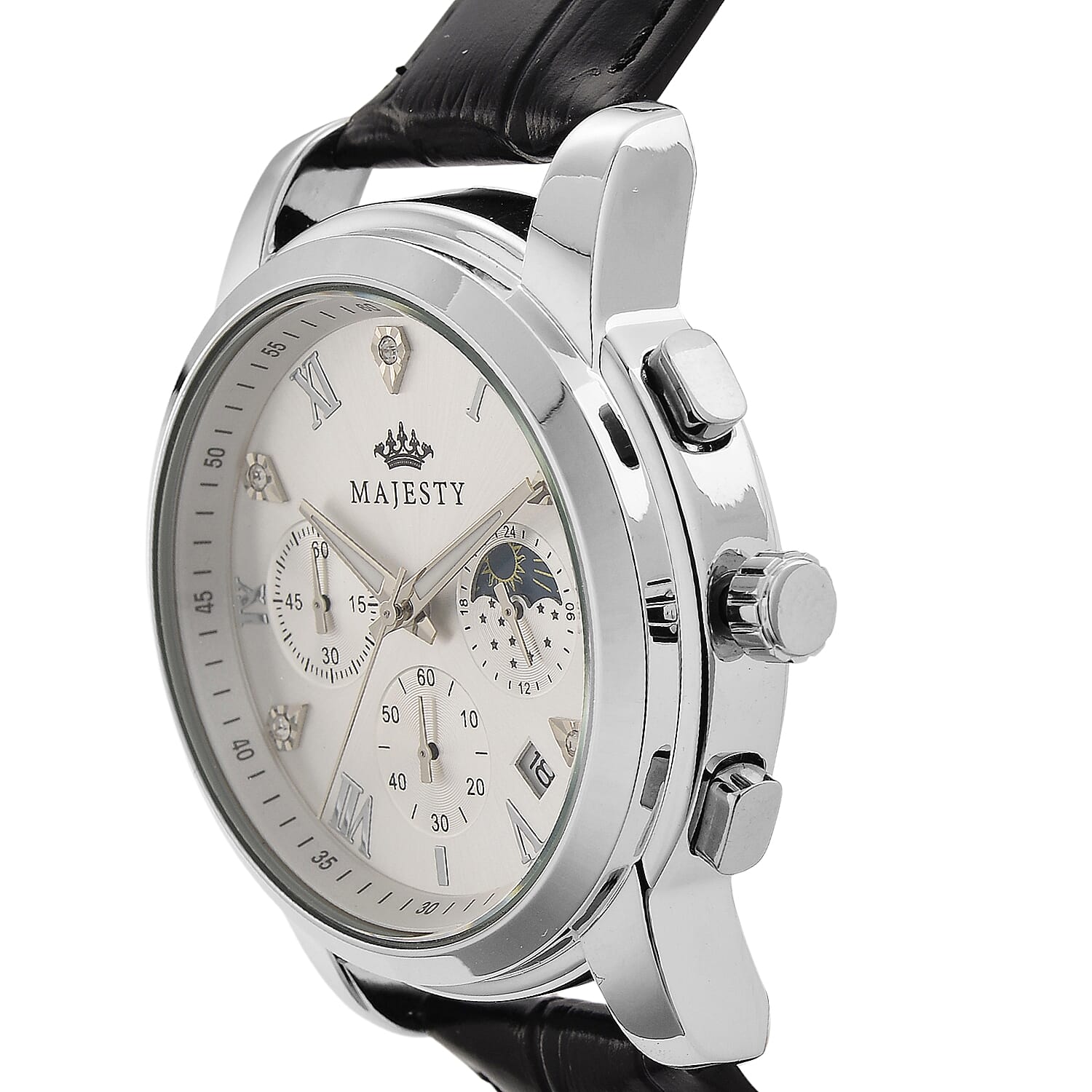 MAJESTY ELITE EDITION - Multifunctional Quartz Movement LD53 WR Day and night Dial - Silver Case Mens Watch with Leather Strap