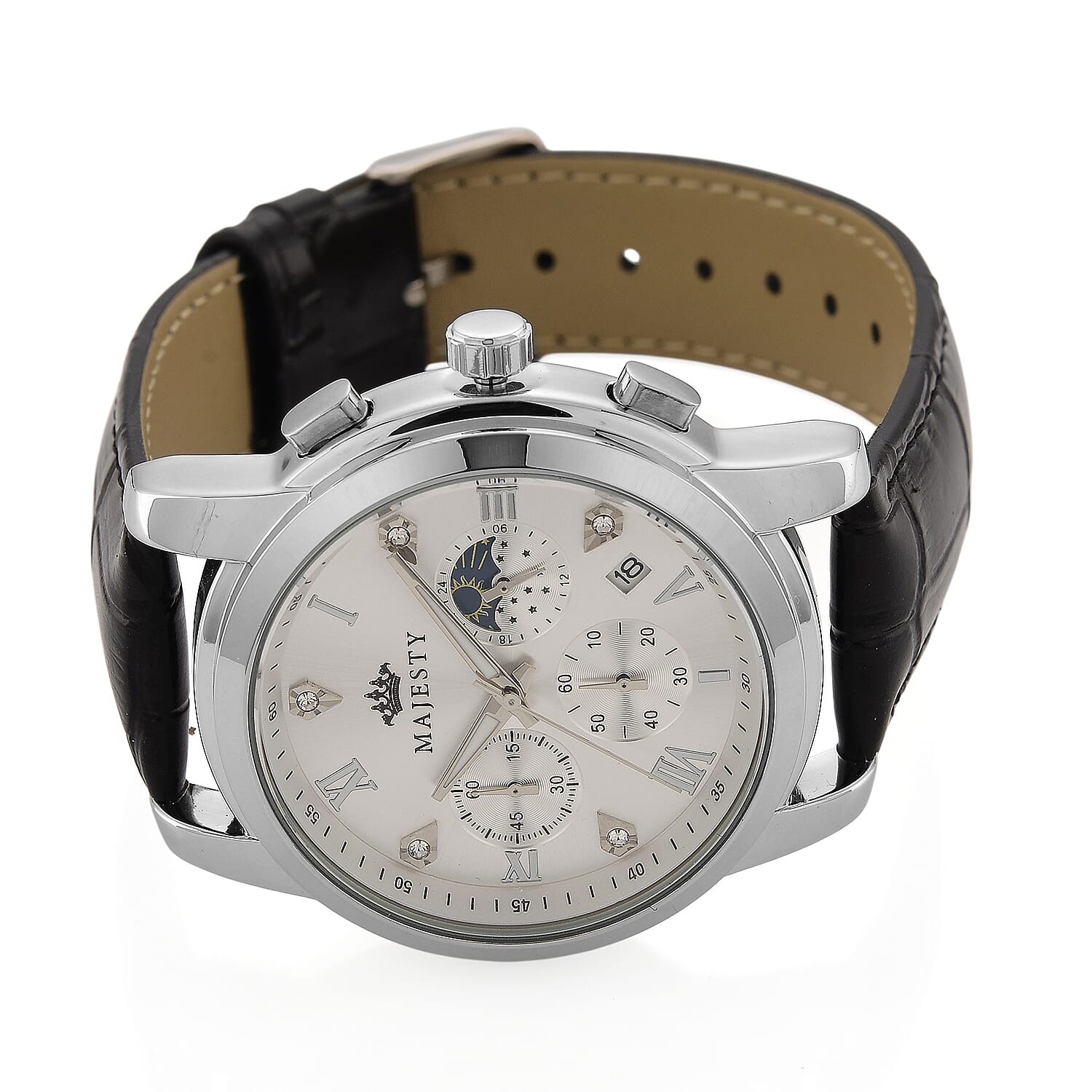 MAJESTY ELITE EDITION - Multifunctional Quartz Movement LD53 WR Day and night Dial - Silver Case Mens Watch with Leather Strap