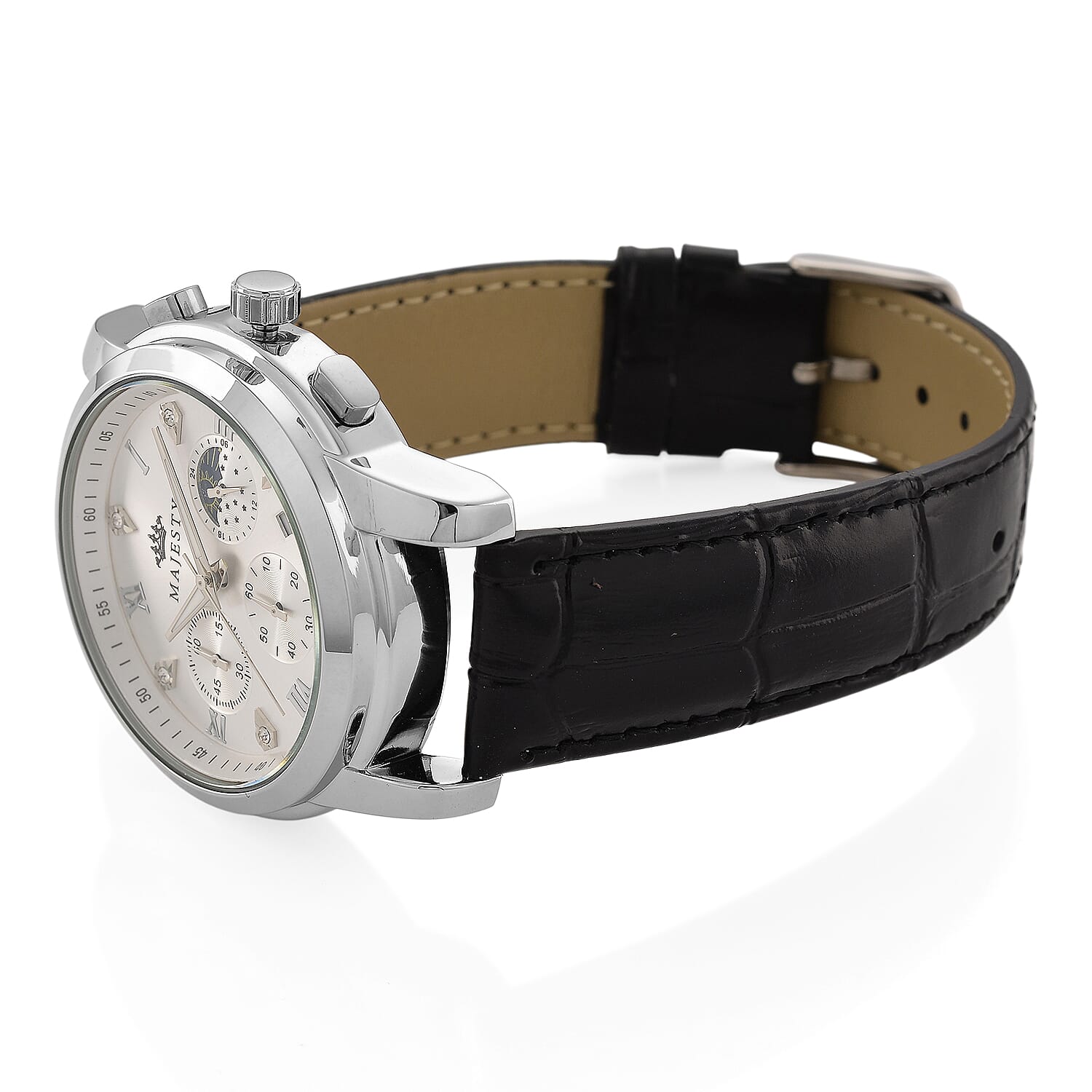 MAJESTY ELITE EDITION - Multifunctional Quartz Movement LD53 WR Day and night Dial - Silver Case Mens Watch with Leather Strap