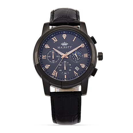 MAJESTY Multifunctional Quartz LD53 1ATM WR Black Sunshine - Crystal Dial - Black Case Mens Watch with Black Leather Strap