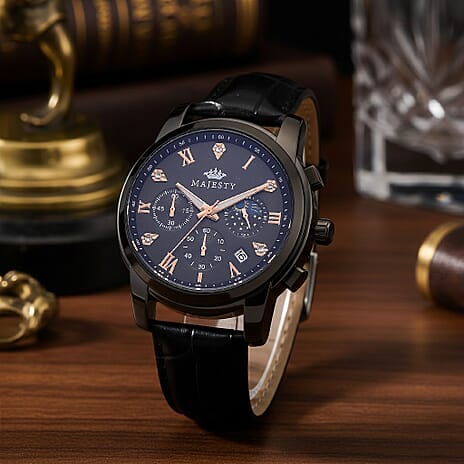 MAJESTY Multifunctional Quartz LD53 1ATM WR Black Sunshine - Crystal Dial - Black Case Mens Watch with Black Leather Strap