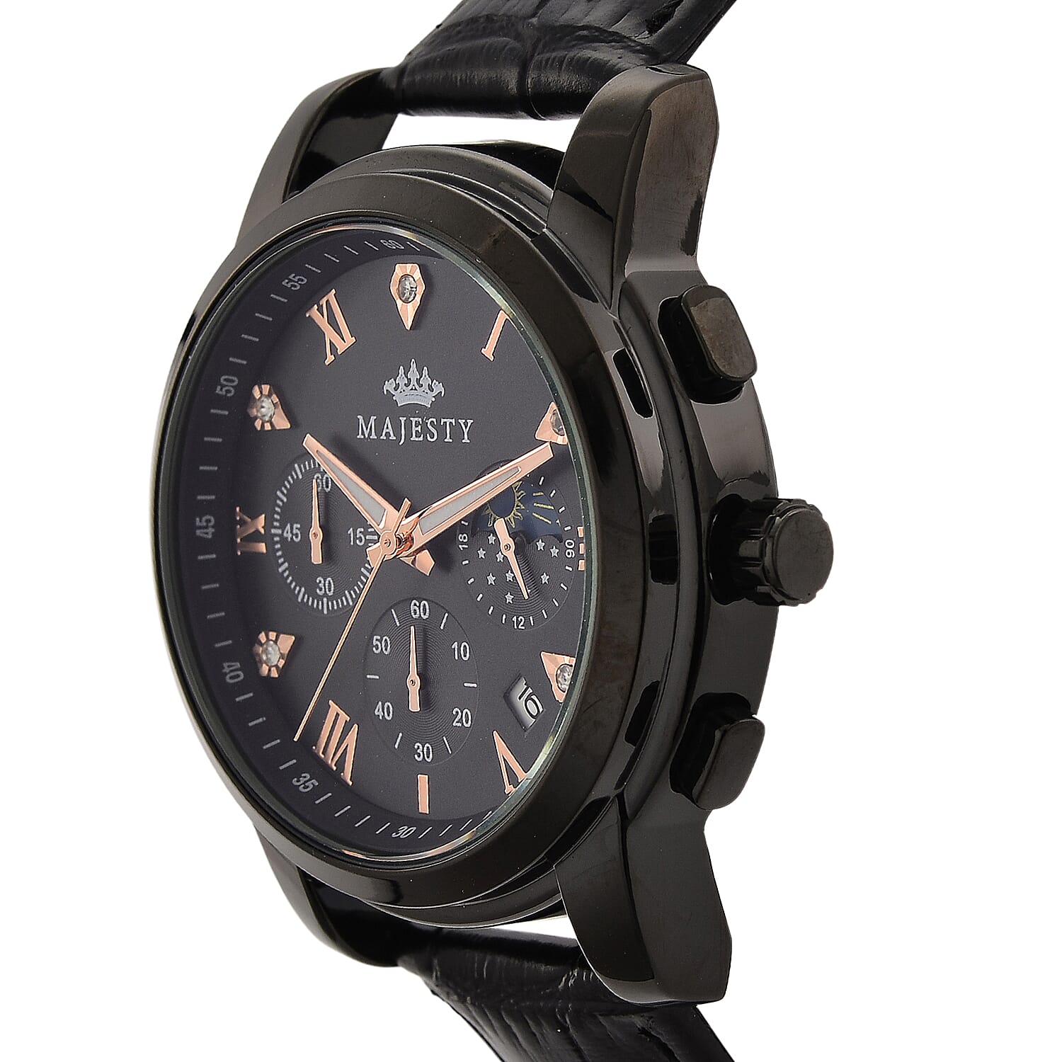 MAJESTY ELITE EDITION - MAJESTY Multifunctional Quartz LD53 WR Black Day and Night Dial - Black Case Mens Watch with Black Leather Strap