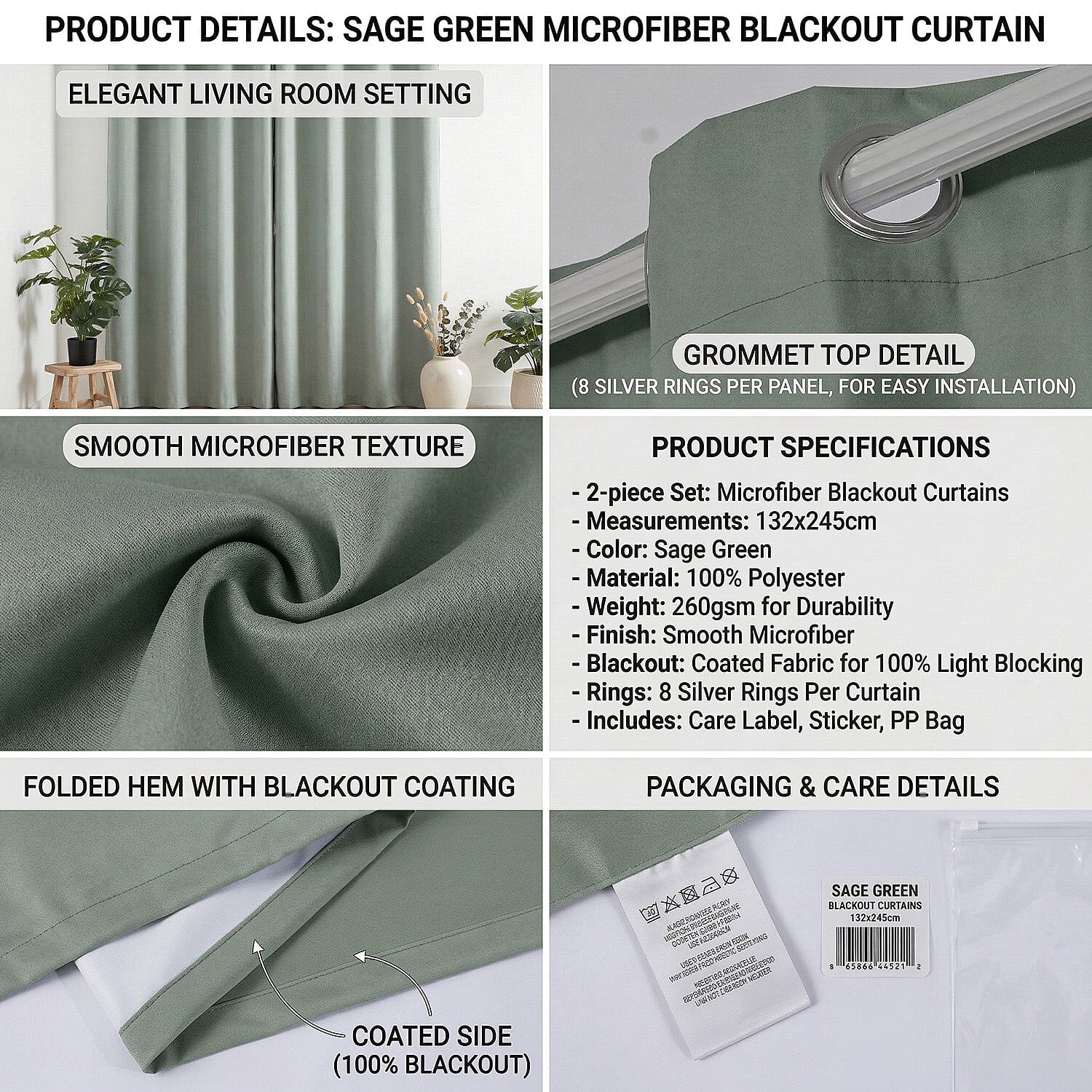 LIVMORE Set of 2 - 100% Light Blocking Coated Microfiber Curtains (132 x 245cm) - Light Cyan