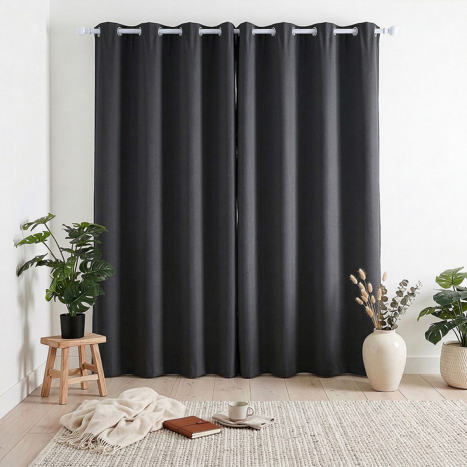 LIVMORE Set of 2 - 100% Light Blocking Coated Curtains (132 x 245cm) - Black