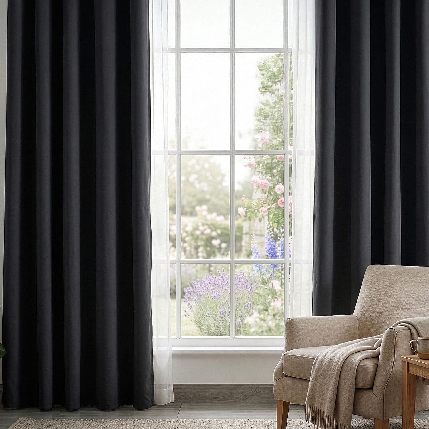 LIVMORE Set of 2 - 100% Light Blocking Coated Curtains (132 x 245cm) - Black
