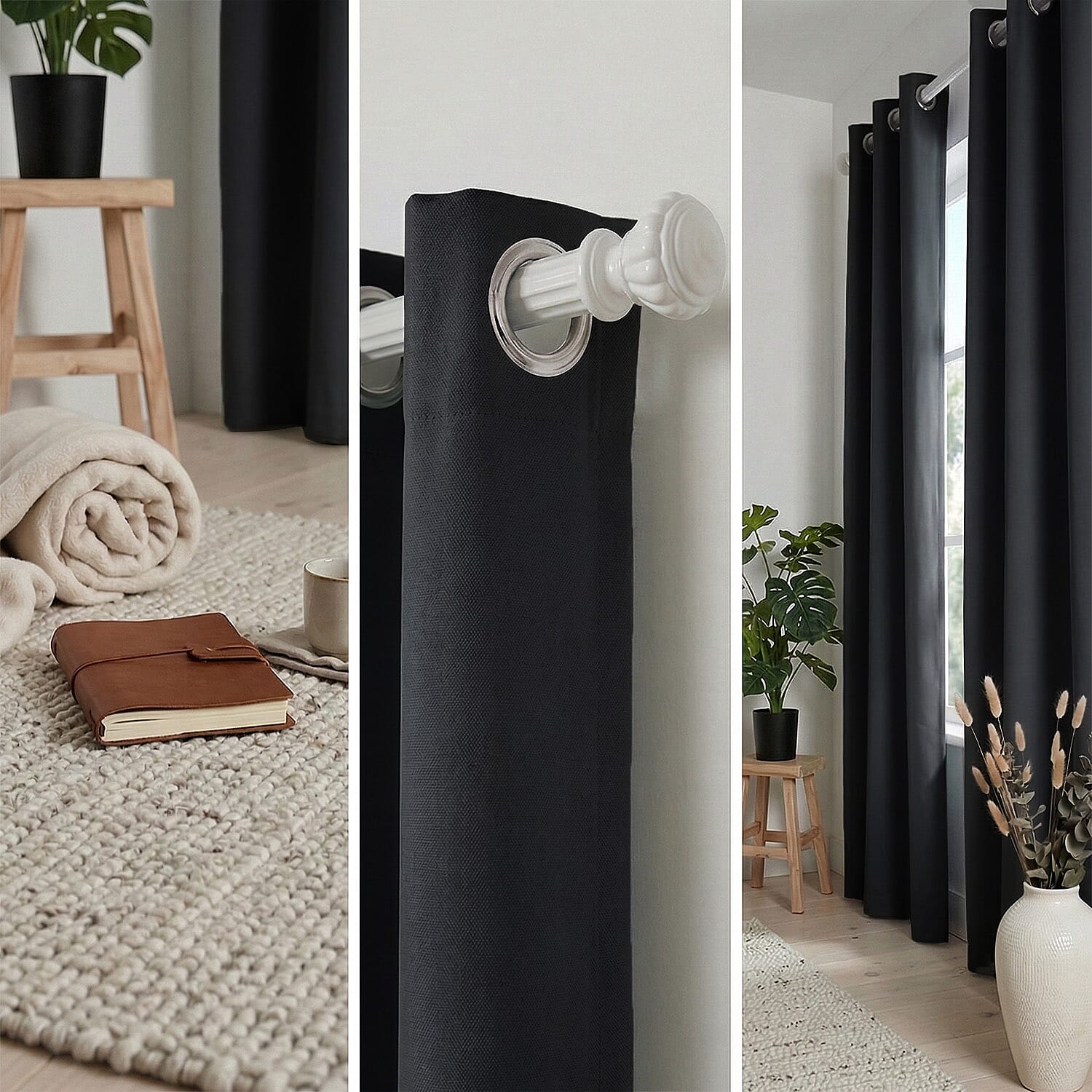 LIVMORE Set of 2 - 100% Light Blocking Coated Curtains (132 x 245cm) - Black