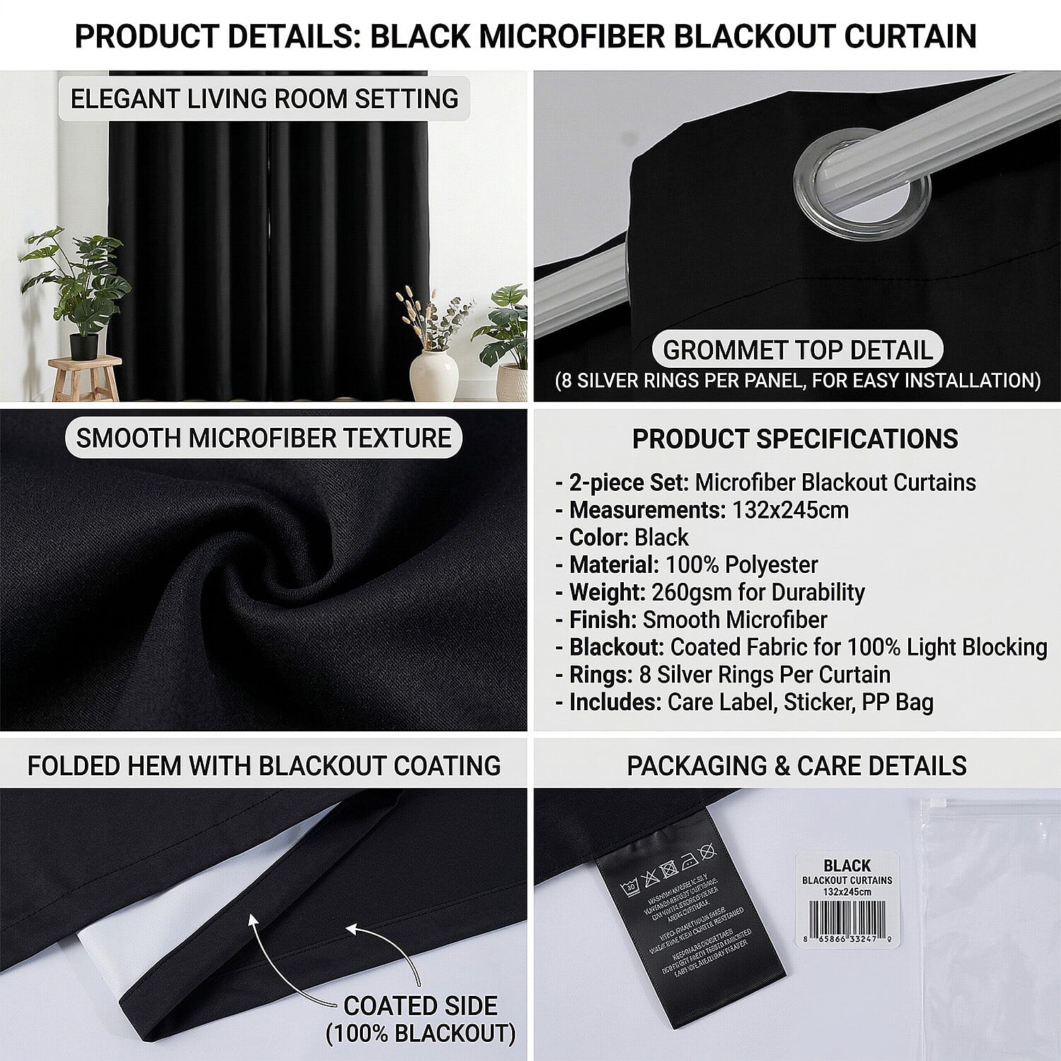 LIVMORE Set of 2 - 100% Light Blocking Coated Curtains (132 x 245cm) - Black