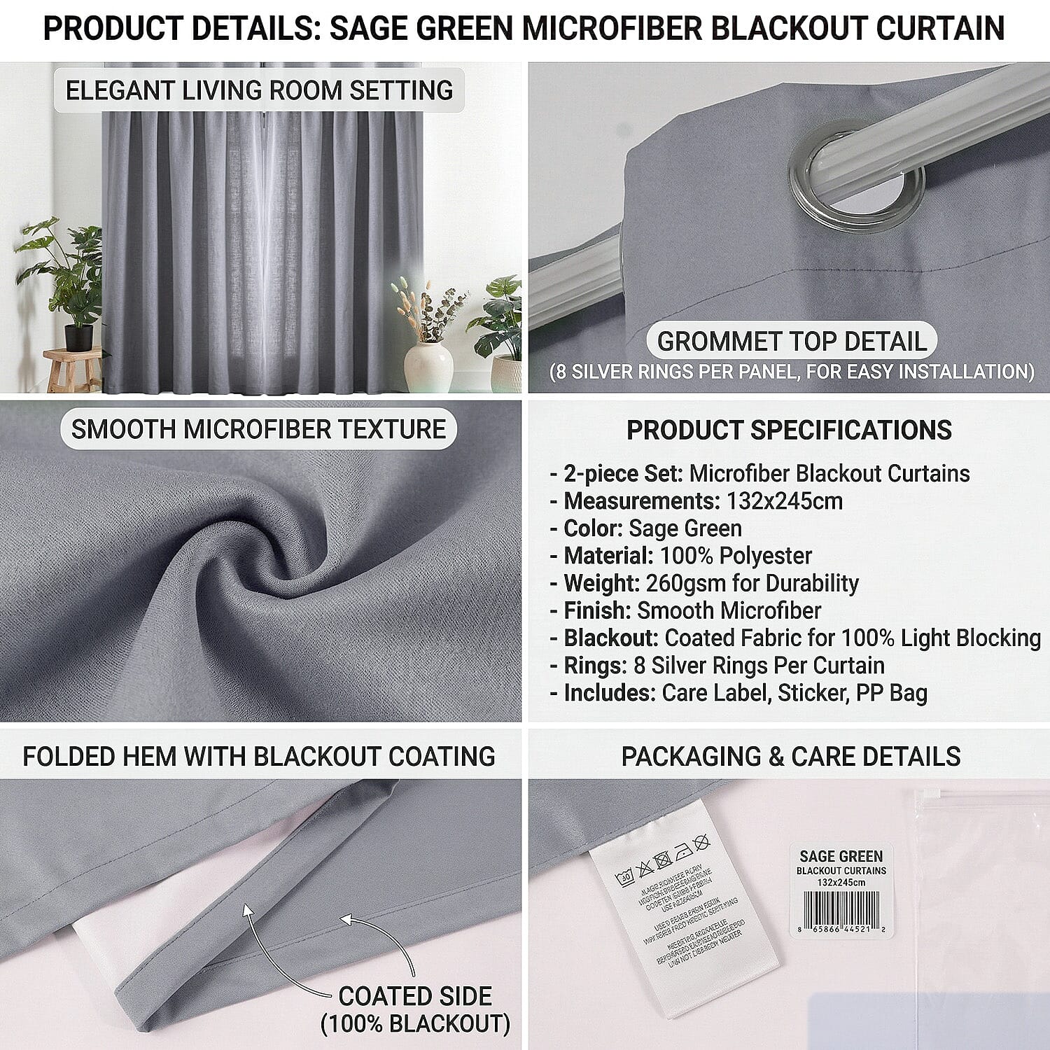 LIVMORE Set of 2 - 100% Light Blocking Coated  Curtains (132 x 245cm) - Light Grey