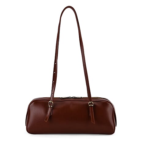 Premium Genuine Leather Cylindrical Barrel Tote Bag - Brown