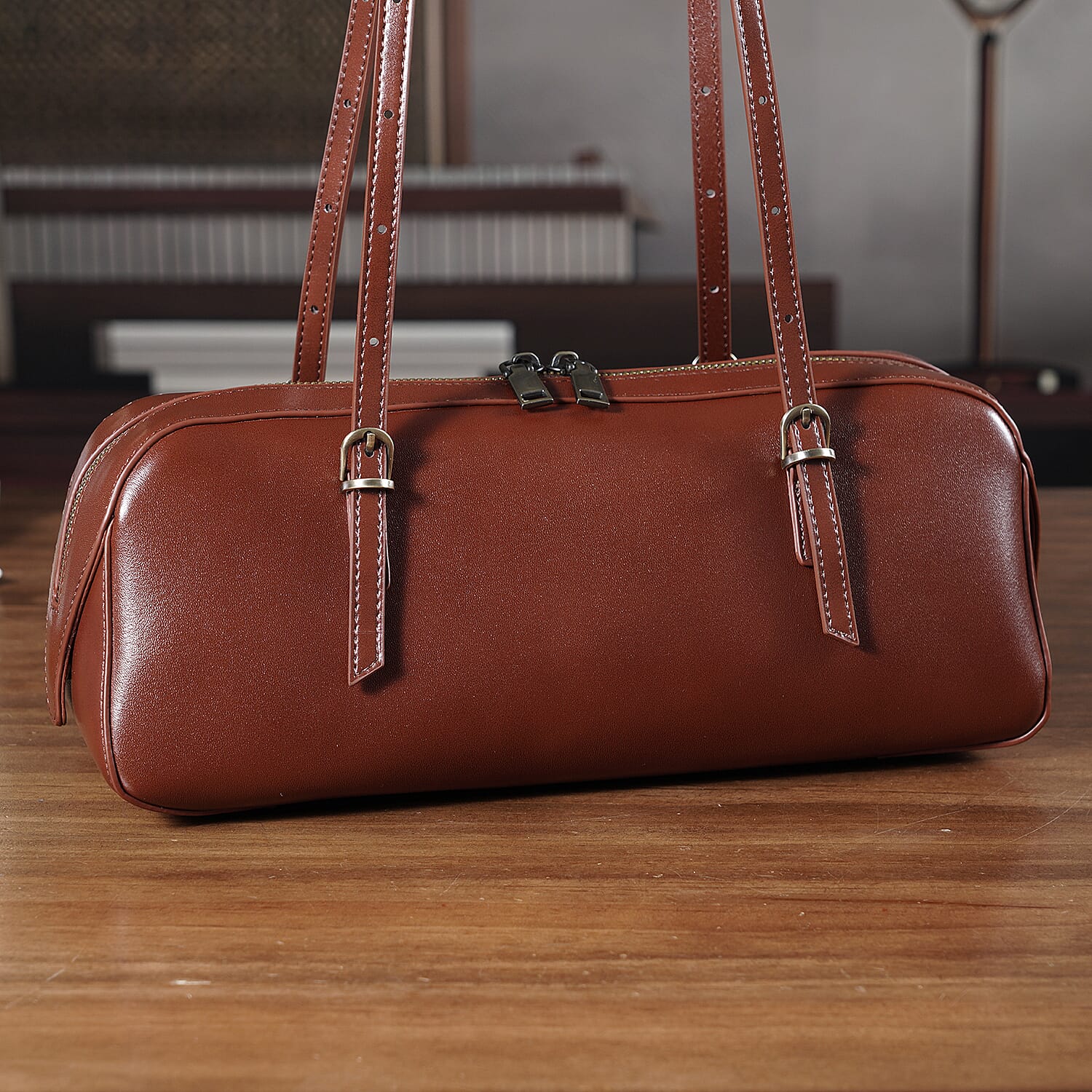 Premium Genuine Leather Cylindrical Barrel Tote Bag - Brown