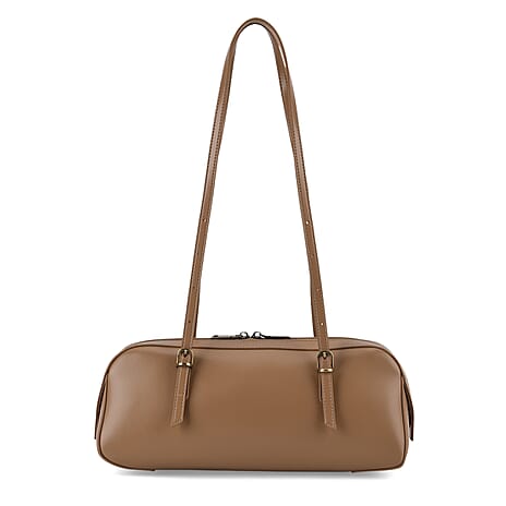 Premium Genuine Leather Cylindrical Barrel Tote Bag - Tan