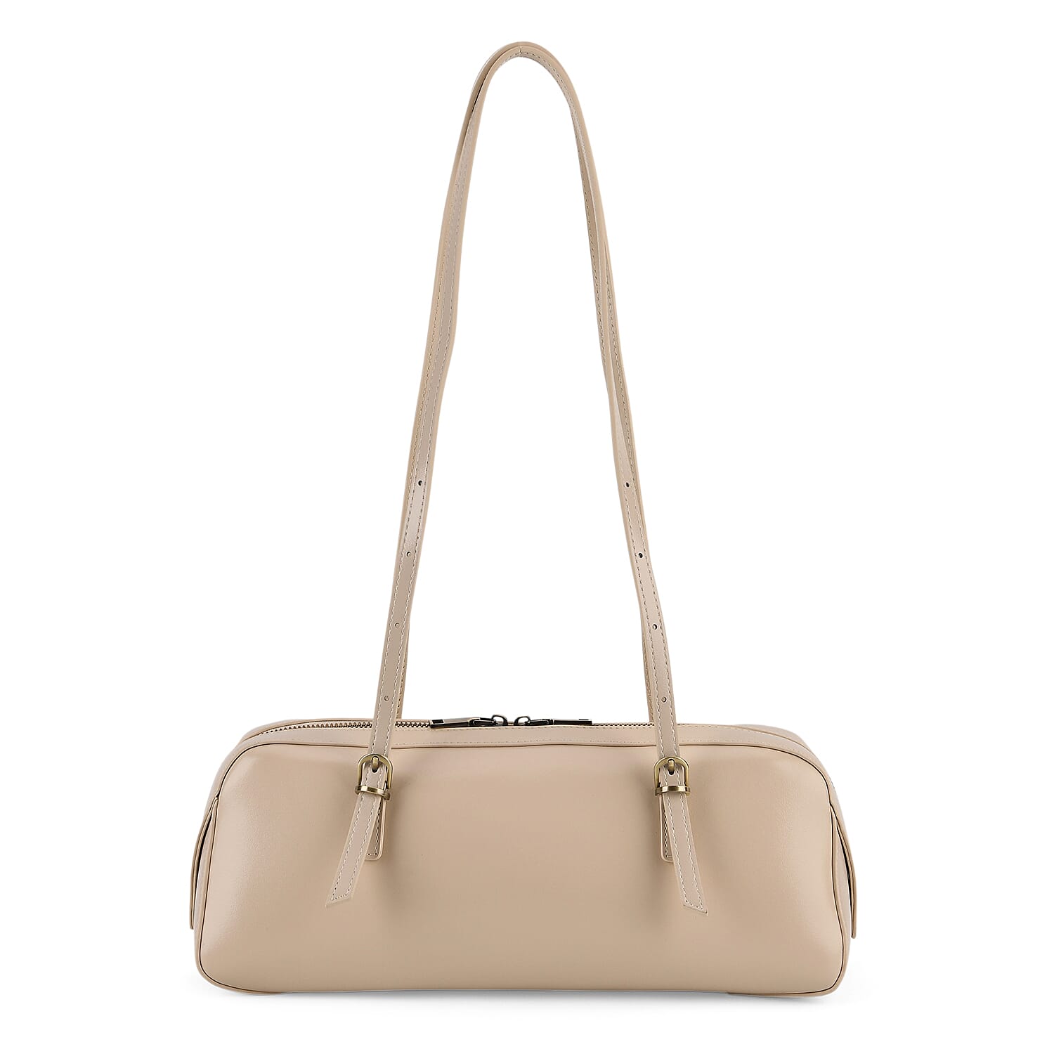 Premium Genuine Leather Cylindrical Barrel Tote Bag - Beige