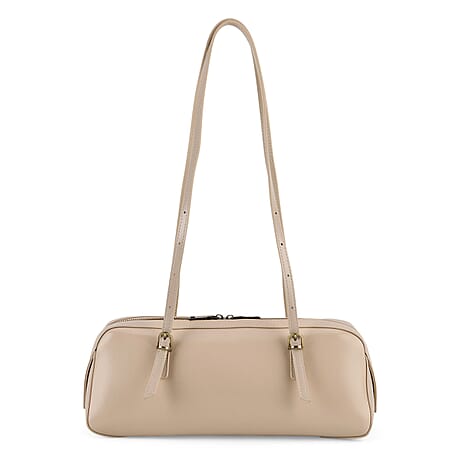 Premium Genuine Leather Cylindrical Barrel Tote Bag - Beige