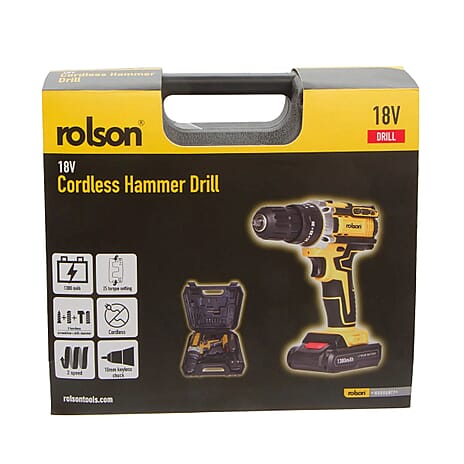 18V Cordless Hammer Drill - 1300mAh Li-ion Battery, 3hrs Charge Time, Keyless Chuck (10mm)