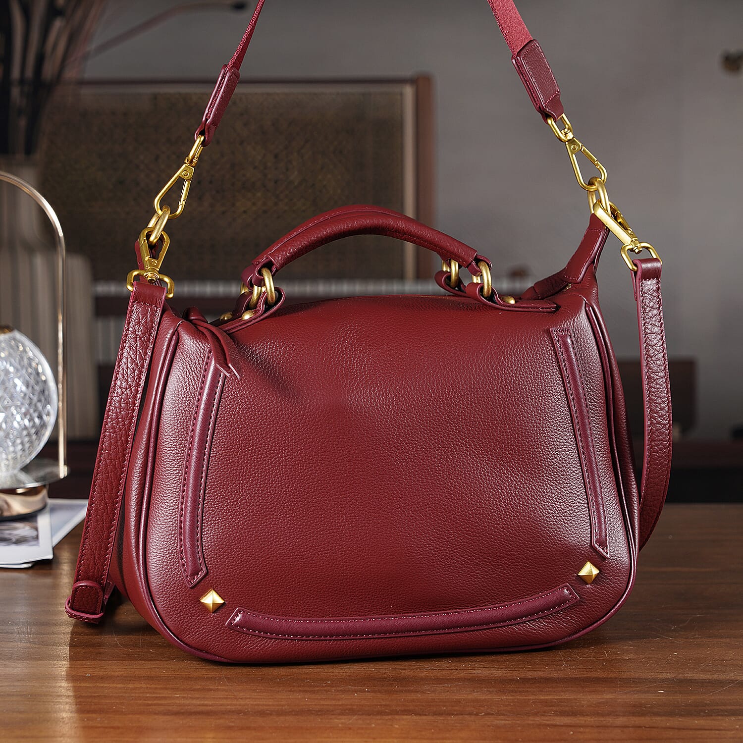 La Marey Signature Genuine Italian Leather Luxury Structured Top-Handle Handbag - Burgundy
