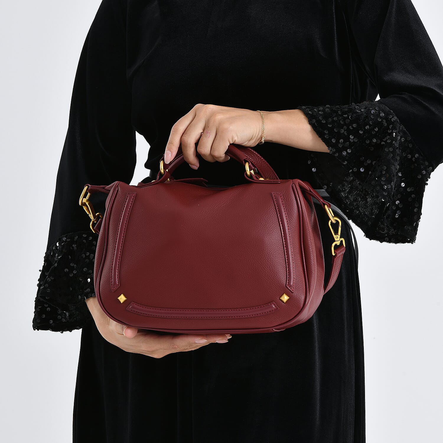 La Marey Signature Genuine Italian Leather Luxury Structured Top-Handle Handbag - Burgundy