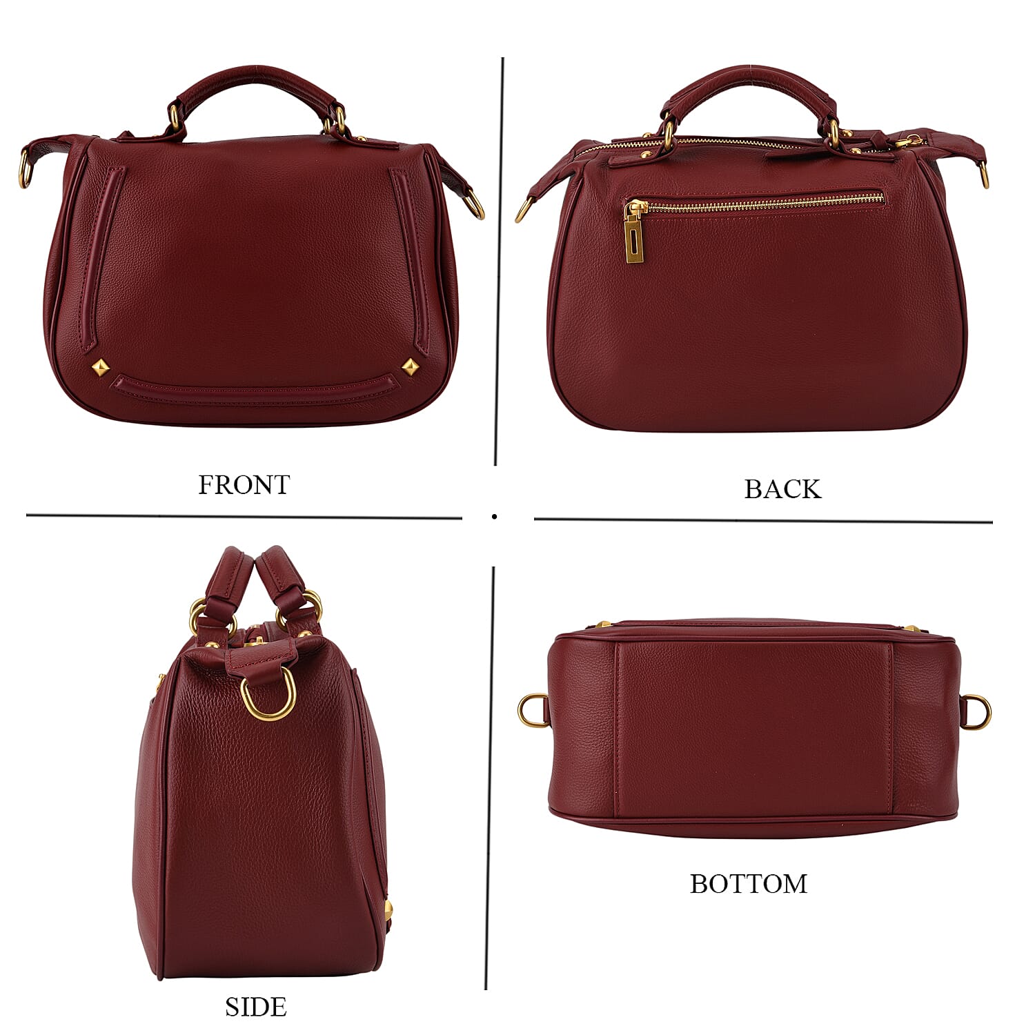 La Marey Signature Genuine Italian Leather Luxury Structured Top-Handle Handbag - Burgundy