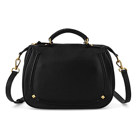 La Marey Signature Genuine Italian Leather Luxury Structured Top-Handle Handbag - Black