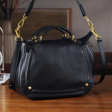 La Marey Signature Genuine Italian Leather Luxury Structured Top-Handle Handbag - Black