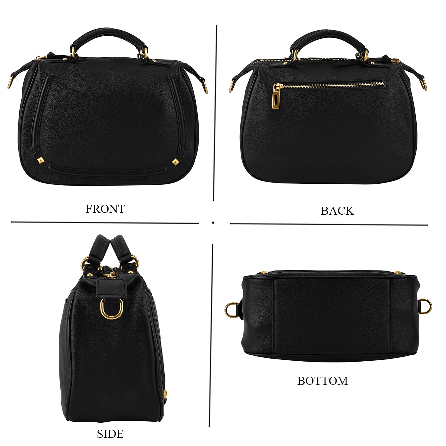 La Marey Signature Genuine Italian Leather Luxury Structured Top-Handle Handbag - Black