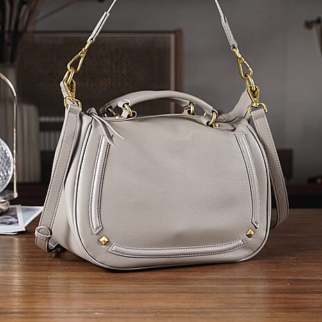 La Marey Signature Genuine Italian Leather Luxury Structured Top-Handle Handbag - Taupe