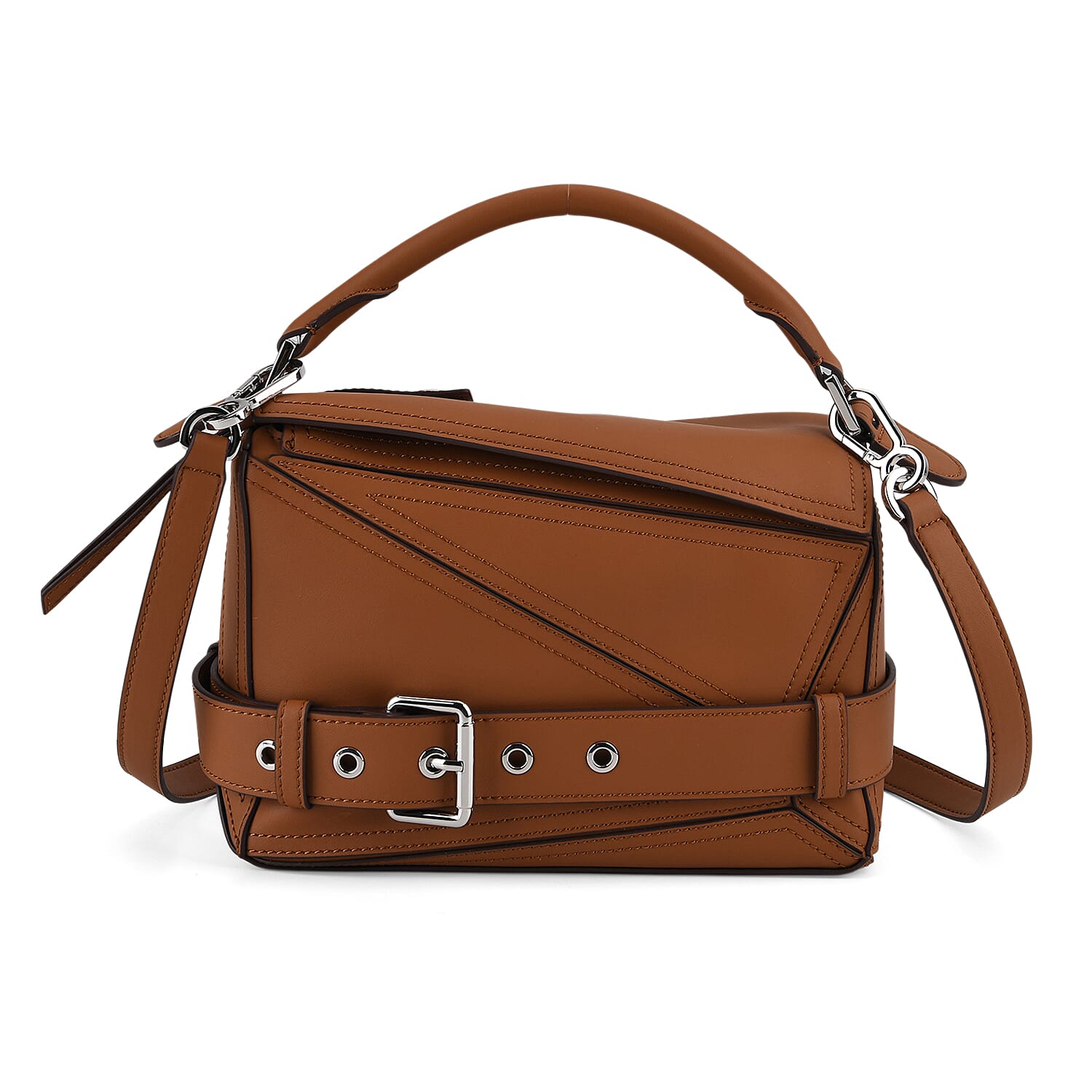 Designer Inspired - Genuine Leather  Geometric Panel Handbag with 2 Detachable Straps - Tan