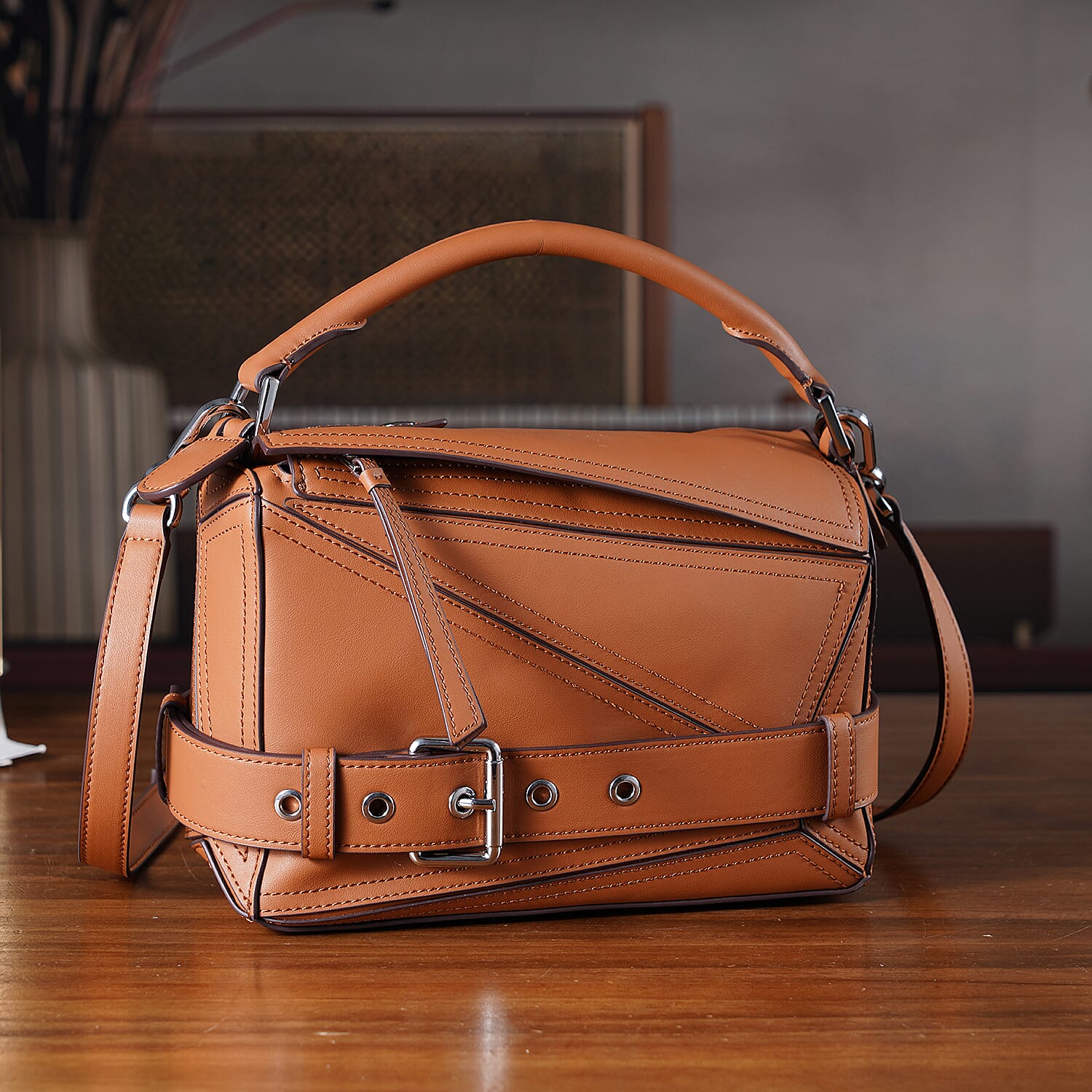Designer Inspired - Genuine Leather  Geometric Panel Handbag with 2 Detachable Straps - Tan