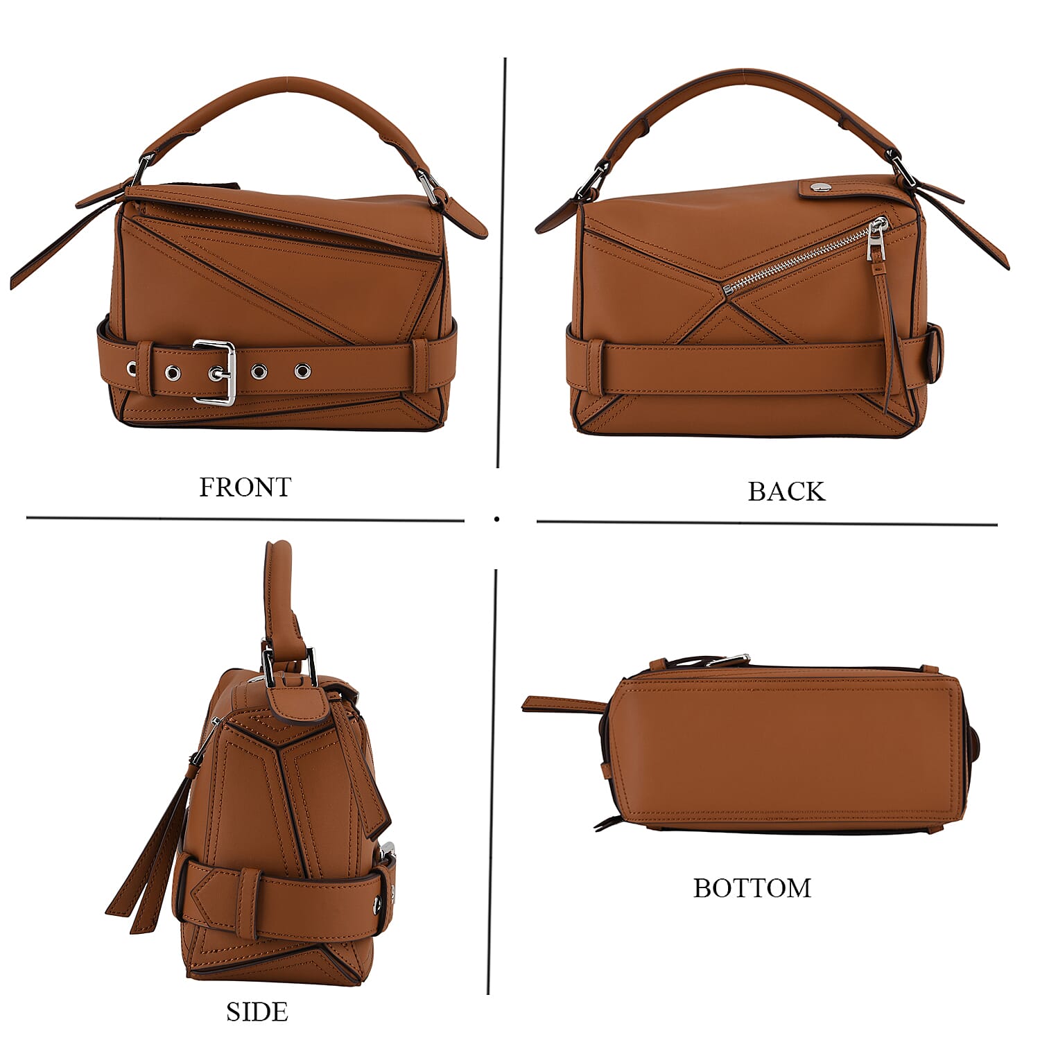 Designer Inspired - Genuine Leather  Geometric Panel Handbag with 2 Detachable Straps - Tan