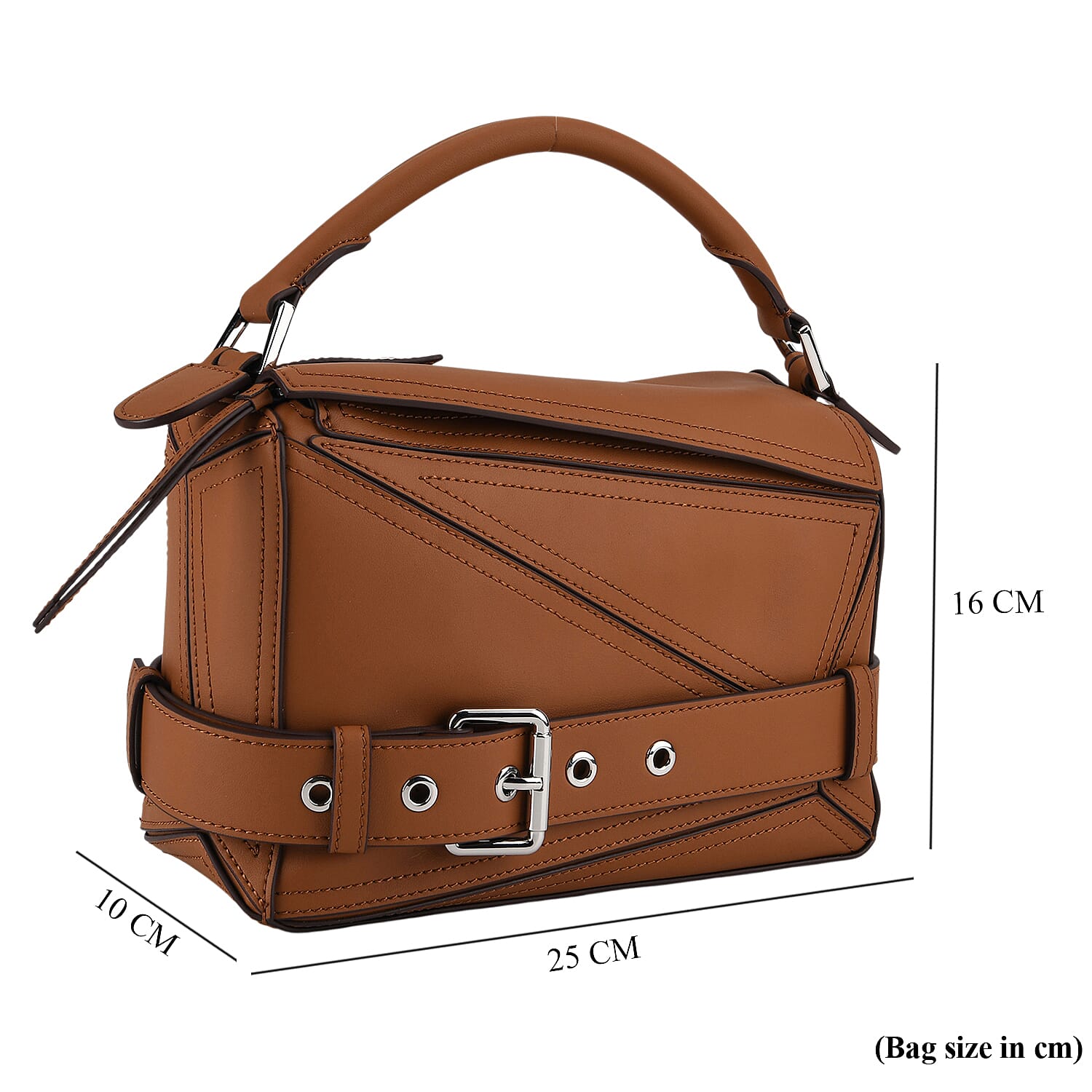 Designer Inspired - Genuine Leather  Geometric Panel Handbag with 2 Detachable Straps - Tan