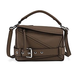 Designer Inspired Genuine Leather  Geometric Panel Handbag with 2 Detachable Straps - Purple