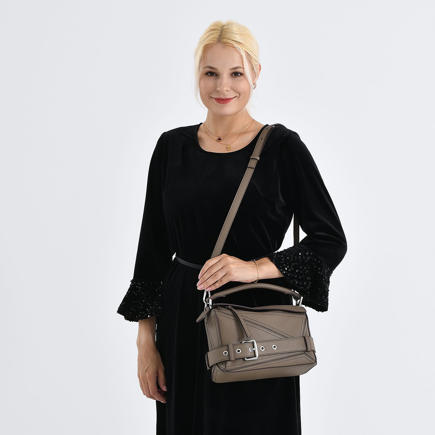 Designer Inspired Genuine Leather  Geometric Panel Handbag with 2 Detachable Straps - Khaki