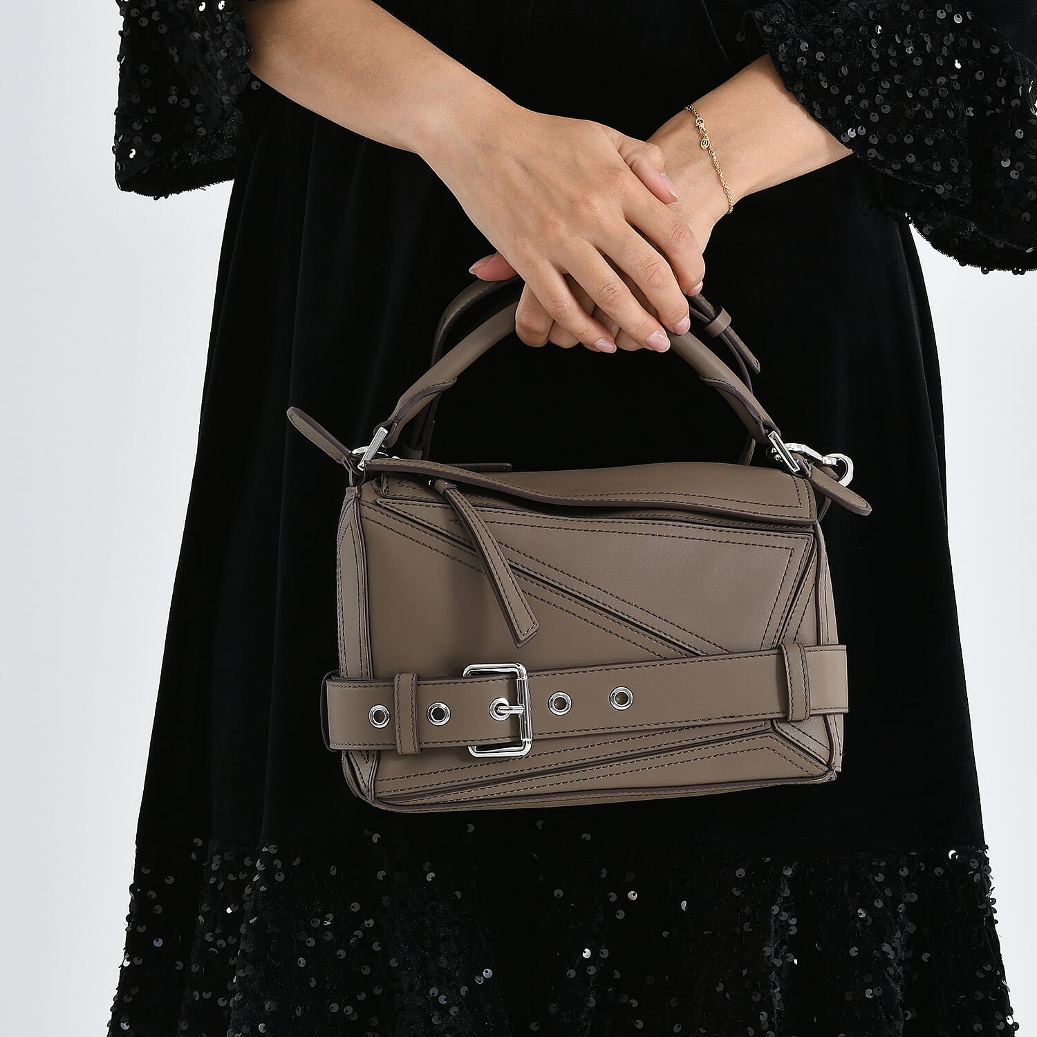 Designer Inspired Genuine Leather  Geometric Panel Handbag with 2 Detachable Straps - Khaki