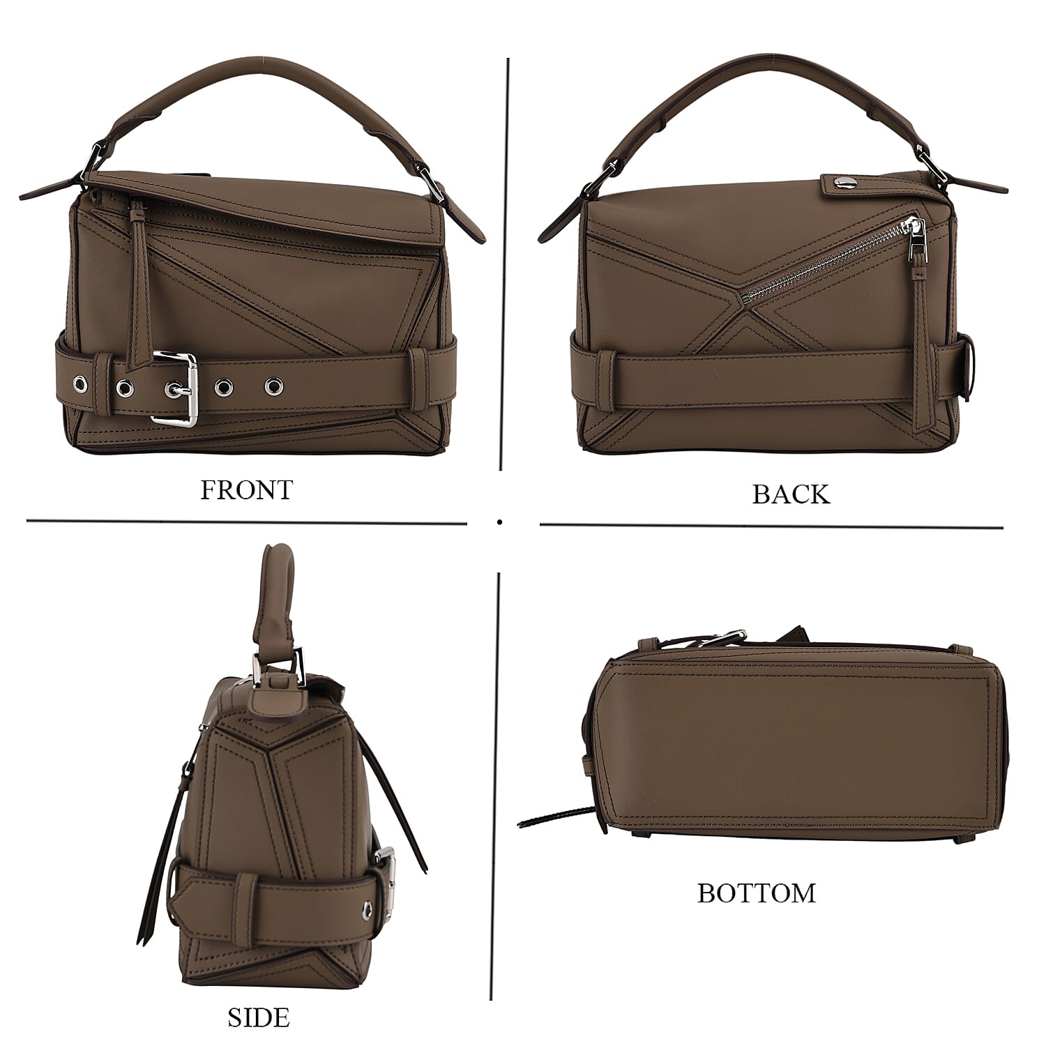 Designer Inspired Genuine Leather  Geometric Panel Handbag with 2 Detachable Straps - Khaki