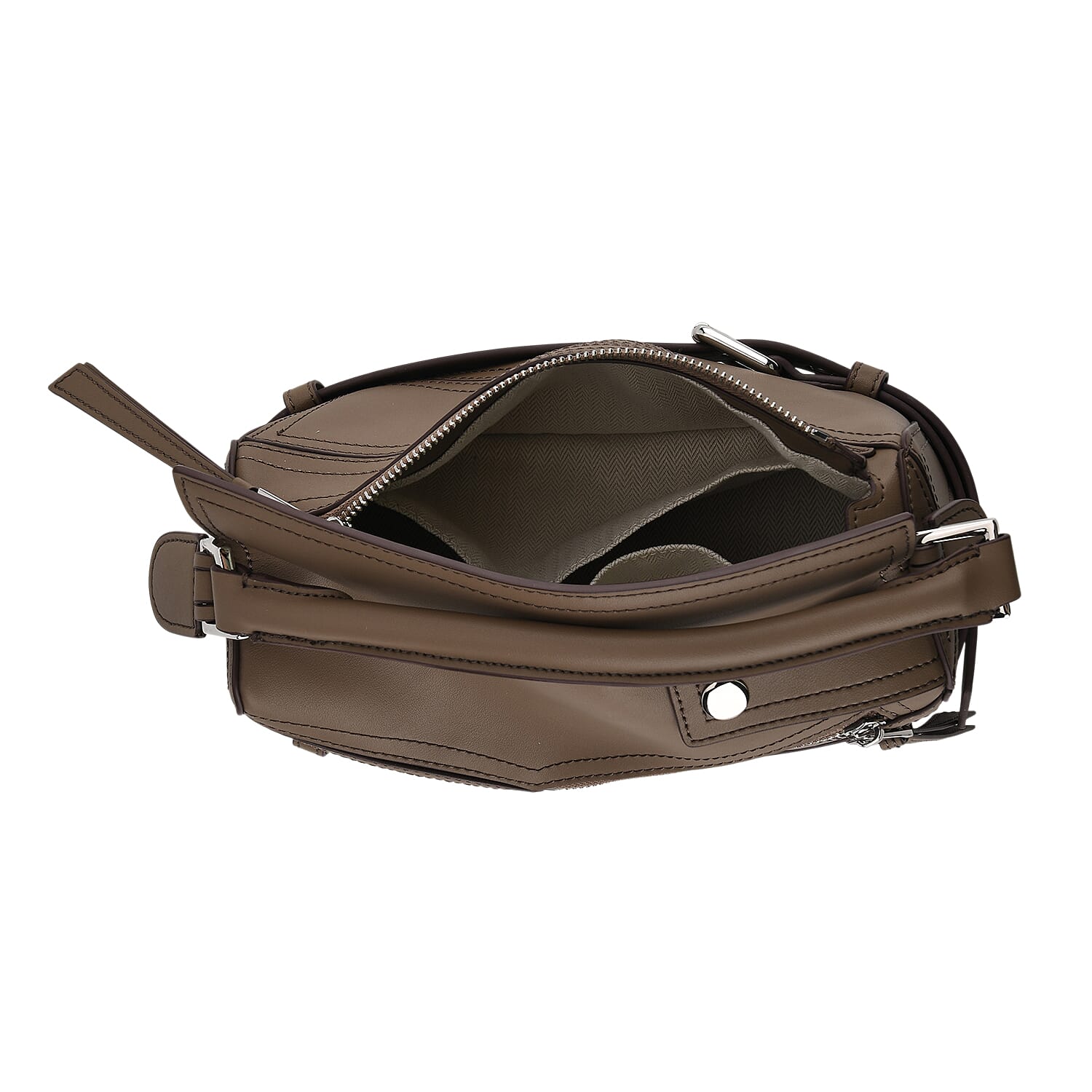 Designer Inspired Genuine Leather  Geometric Panel Handbag with 2 Detachable Straps - Khaki