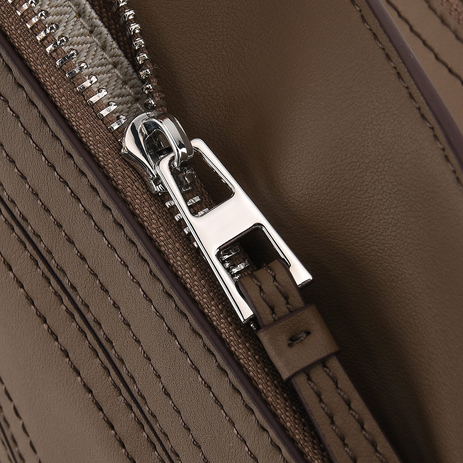 Designer Inspired Genuine Leather  Geometric Panel Handbag with 2 Detachable Straps - Khaki