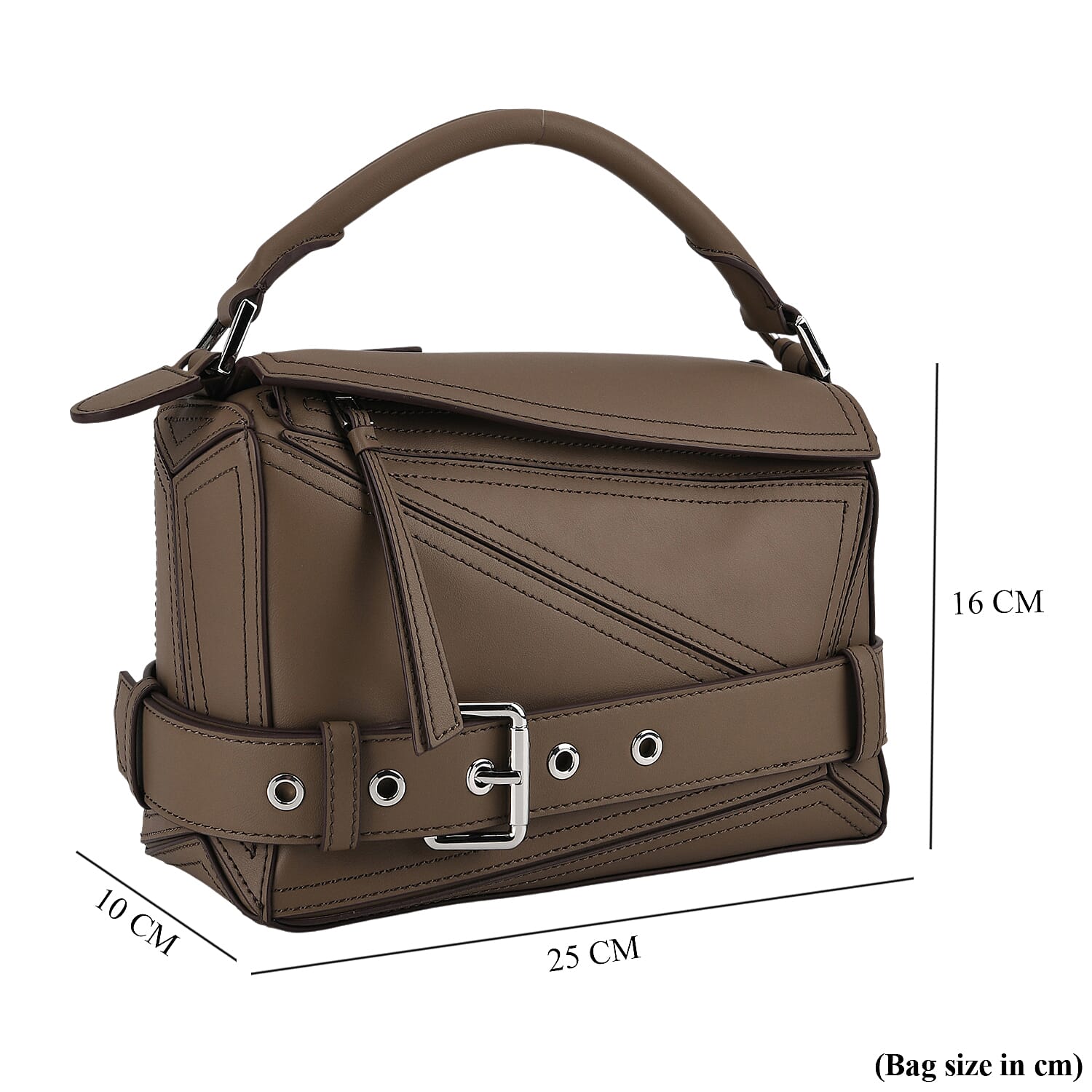 Designer Inspired Genuine Leather  Geometric Panel Handbag with 2 Detachable Straps - Khaki