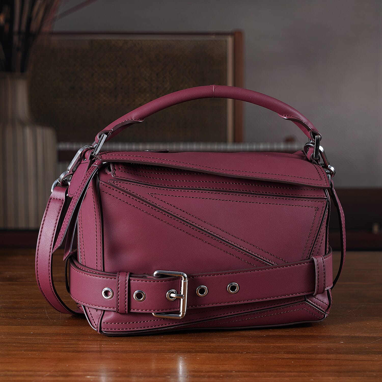 Designer Inspired Genuine Leather  Geometric Panel Handbag with 2 Detachable Straps - Purple