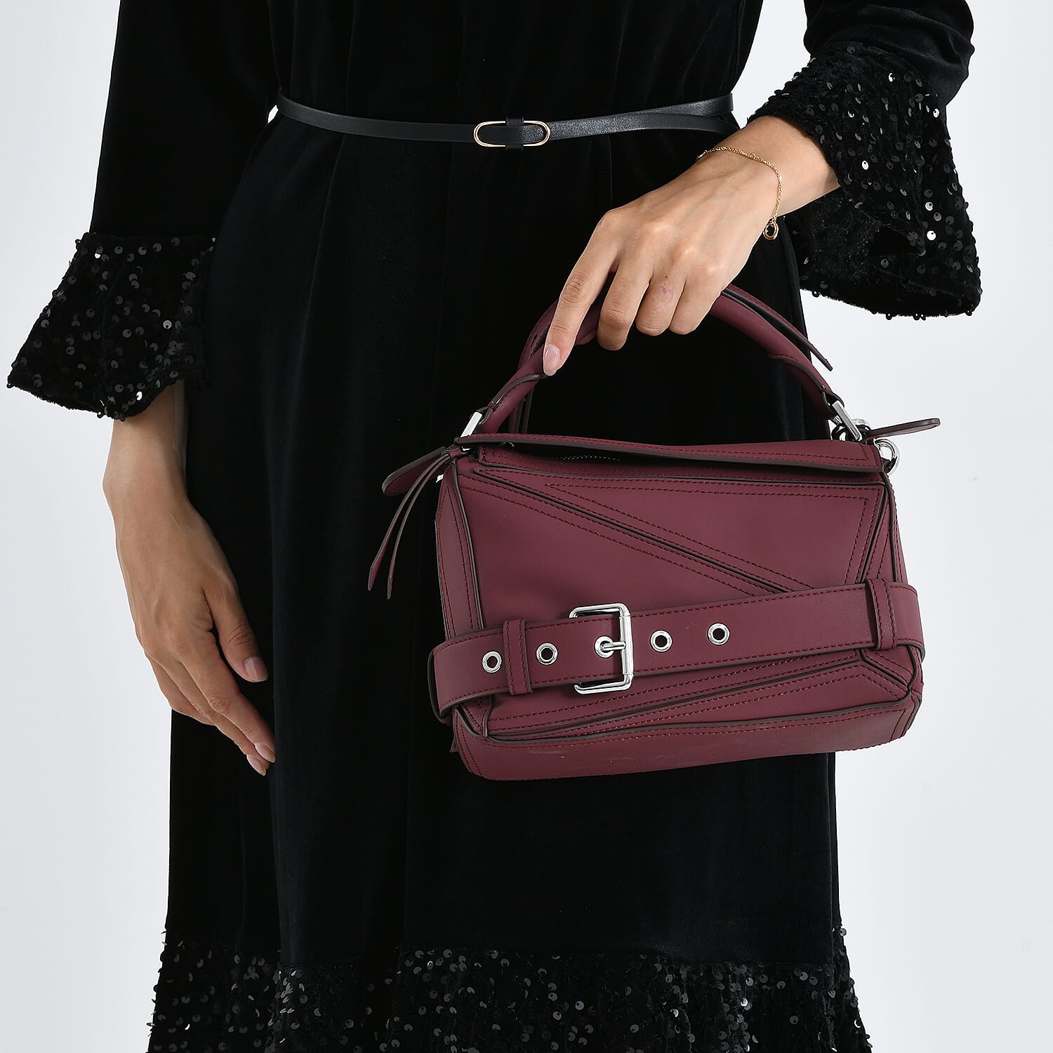 Designer Inspired Genuine Leather  Geometric Panel Handbag with 2 Detachable Straps - Purple