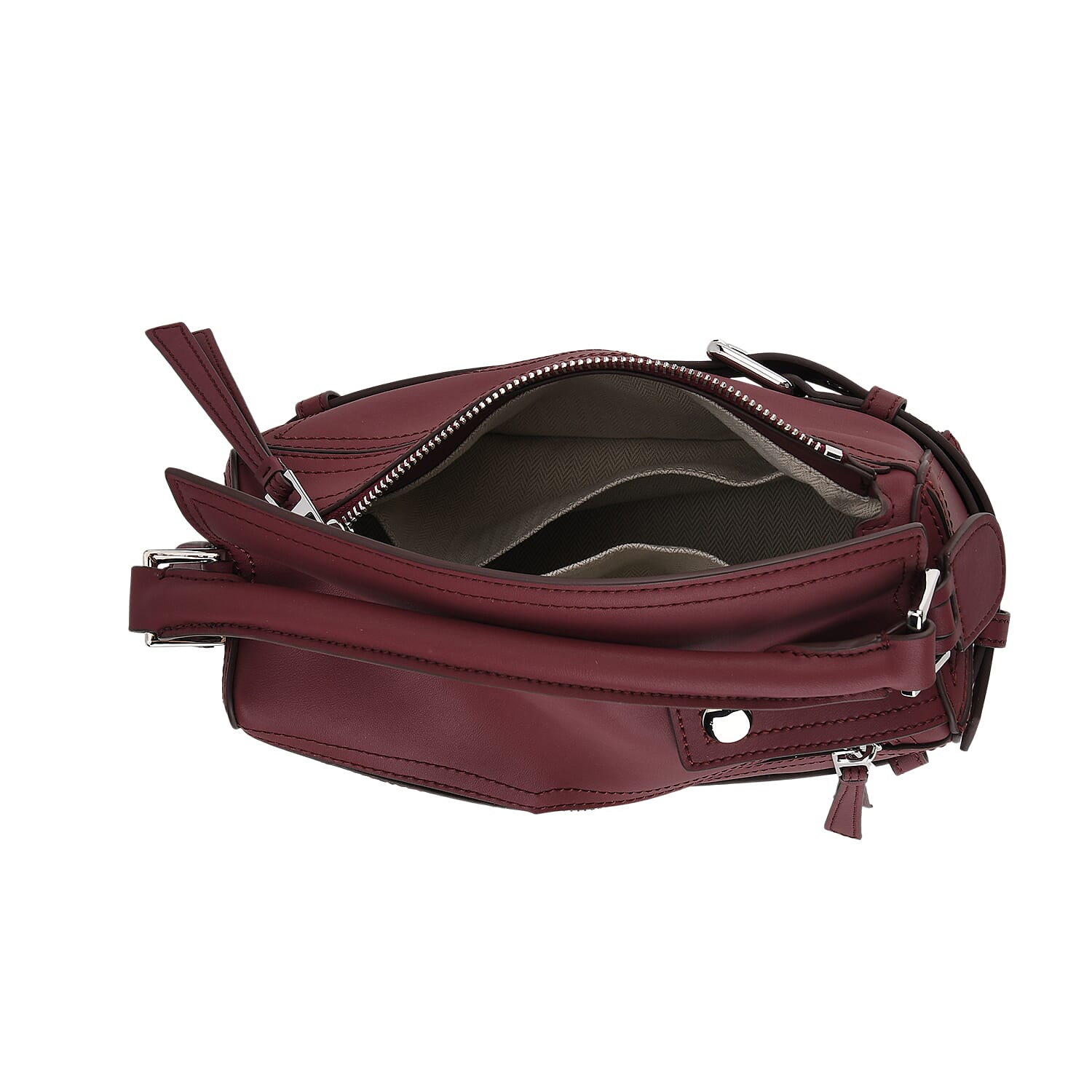 Designer Inspired Genuine Leather  Geometric Panel Handbag with 2 Detachable Straps - Purple