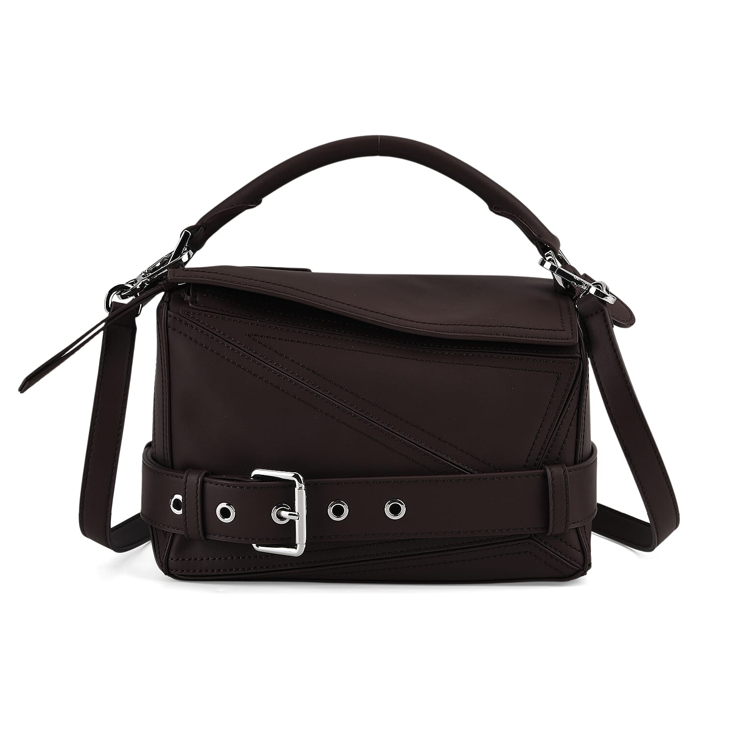 Designer Inspired Genuine Leather  Geometric Panel Handbag with 2 Detachable Straps - Coffee