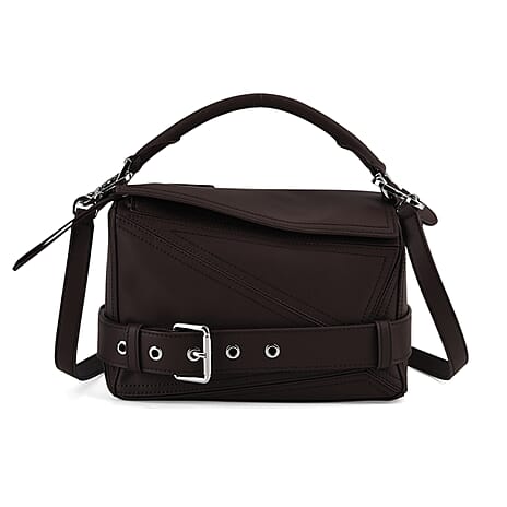 Designer Inspired Genuine Leather  Geometric Panel Handbag with 2 Detachable Straps - Coffee