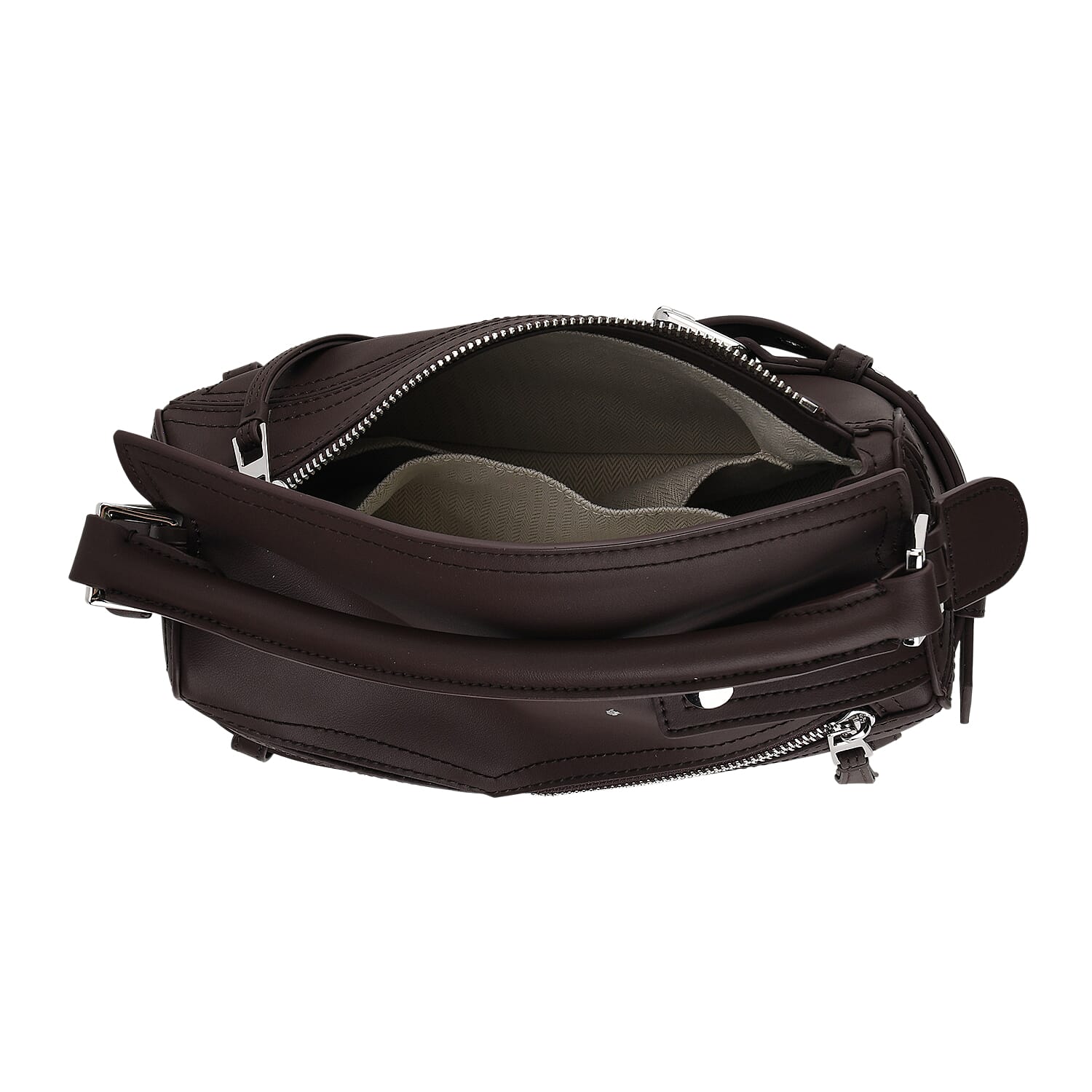 Designer Inspired Genuine Leather  Geometric Panel Handbag with 2 Detachable Straps - Coffee