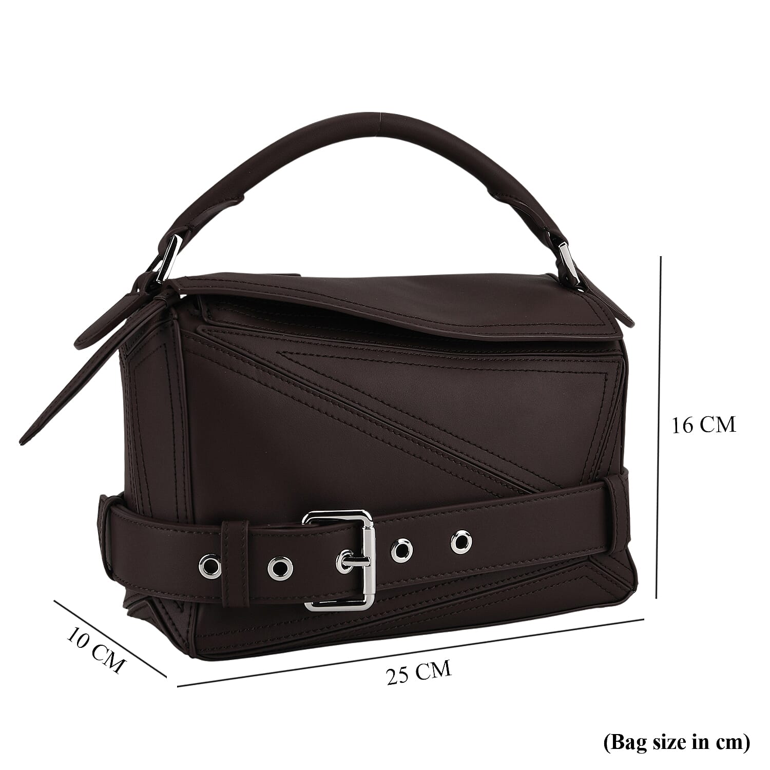 Designer Inspired Genuine Leather  Geometric Panel Handbag with 2 Detachable Straps - Coffee